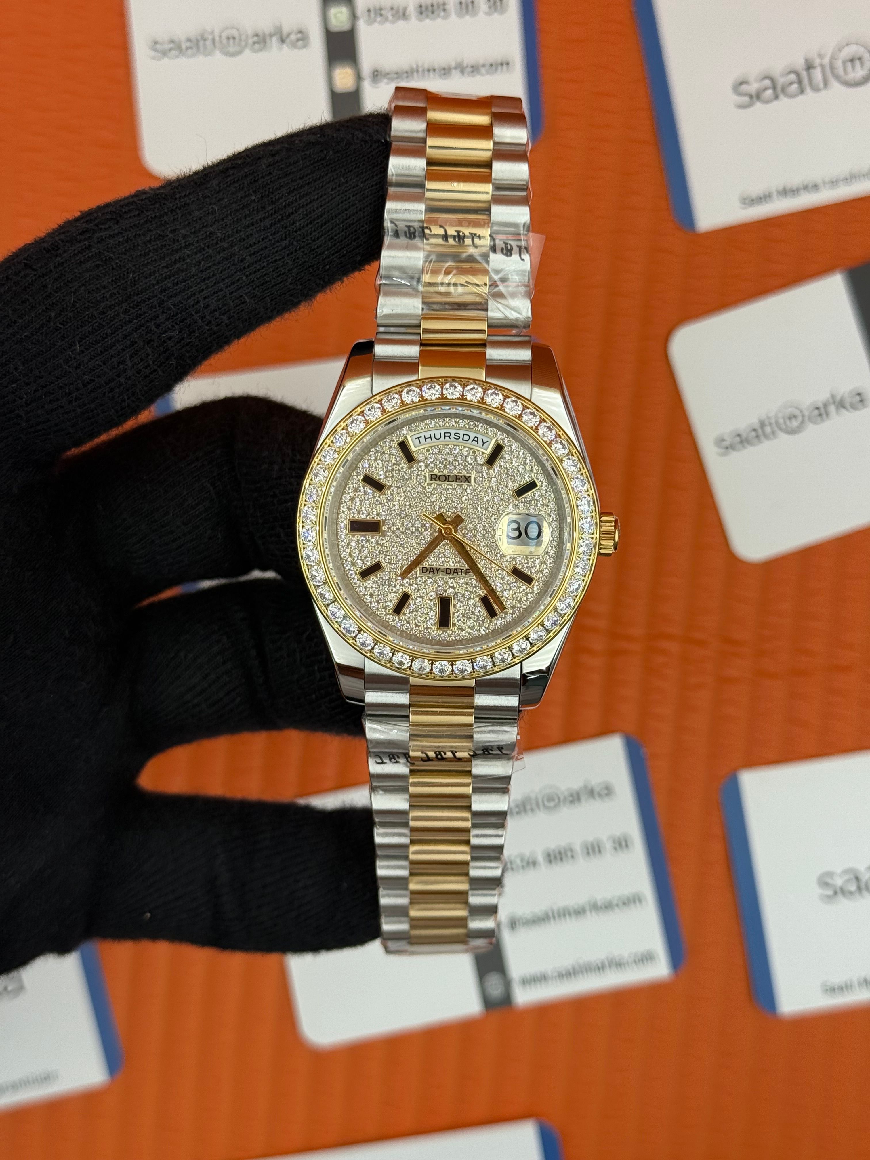 ROLEX Day Date taşlı kadran-bezel gold silver president kordon