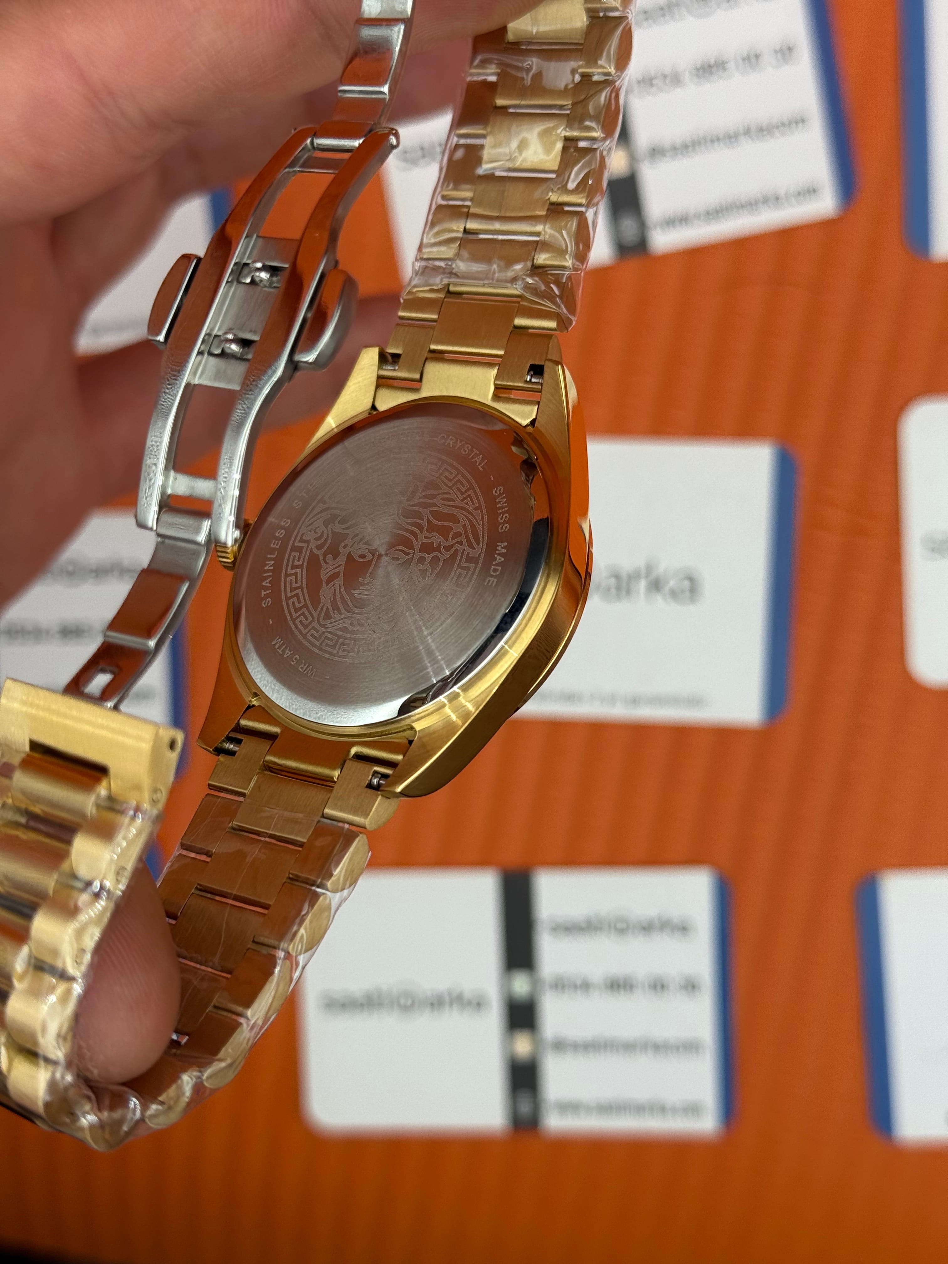 VERSACE 40mm gold kadran gold kasa kordon erkek kol saati