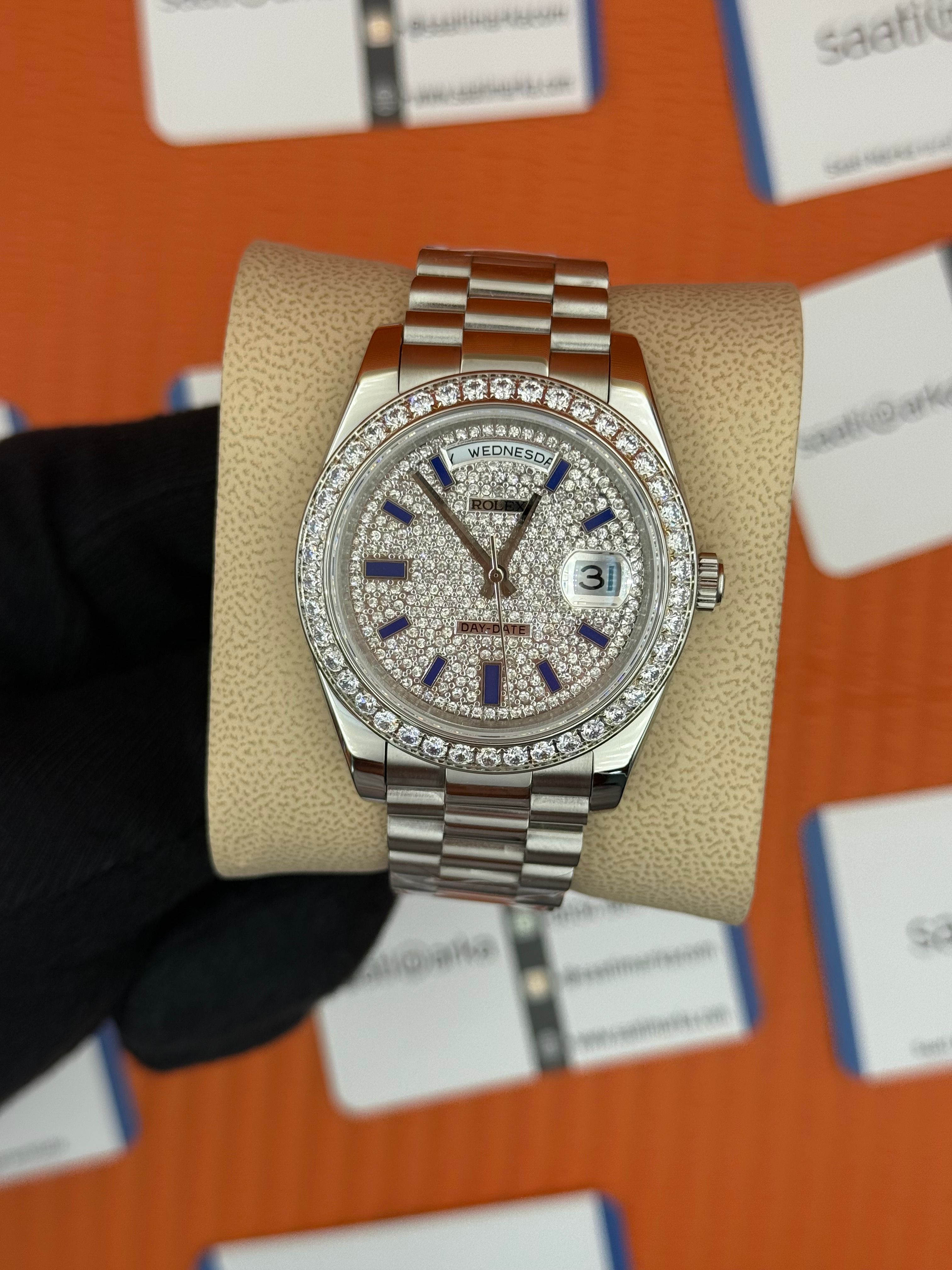 ROLEX Day Date taşlı bezel-kardan silver president kordon