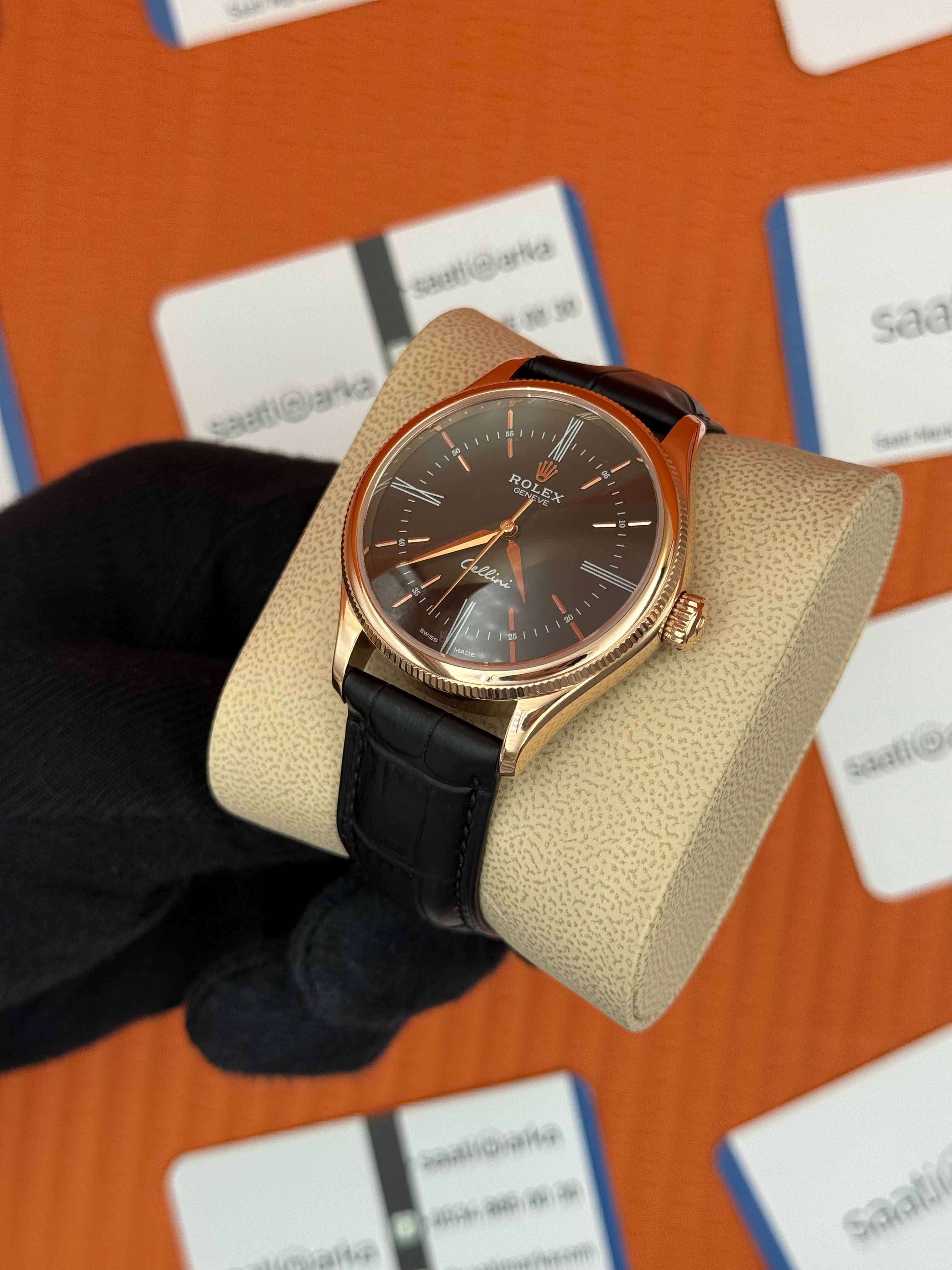 ROLEX Cellini rose kasa siyah kadran siyah deri kordon