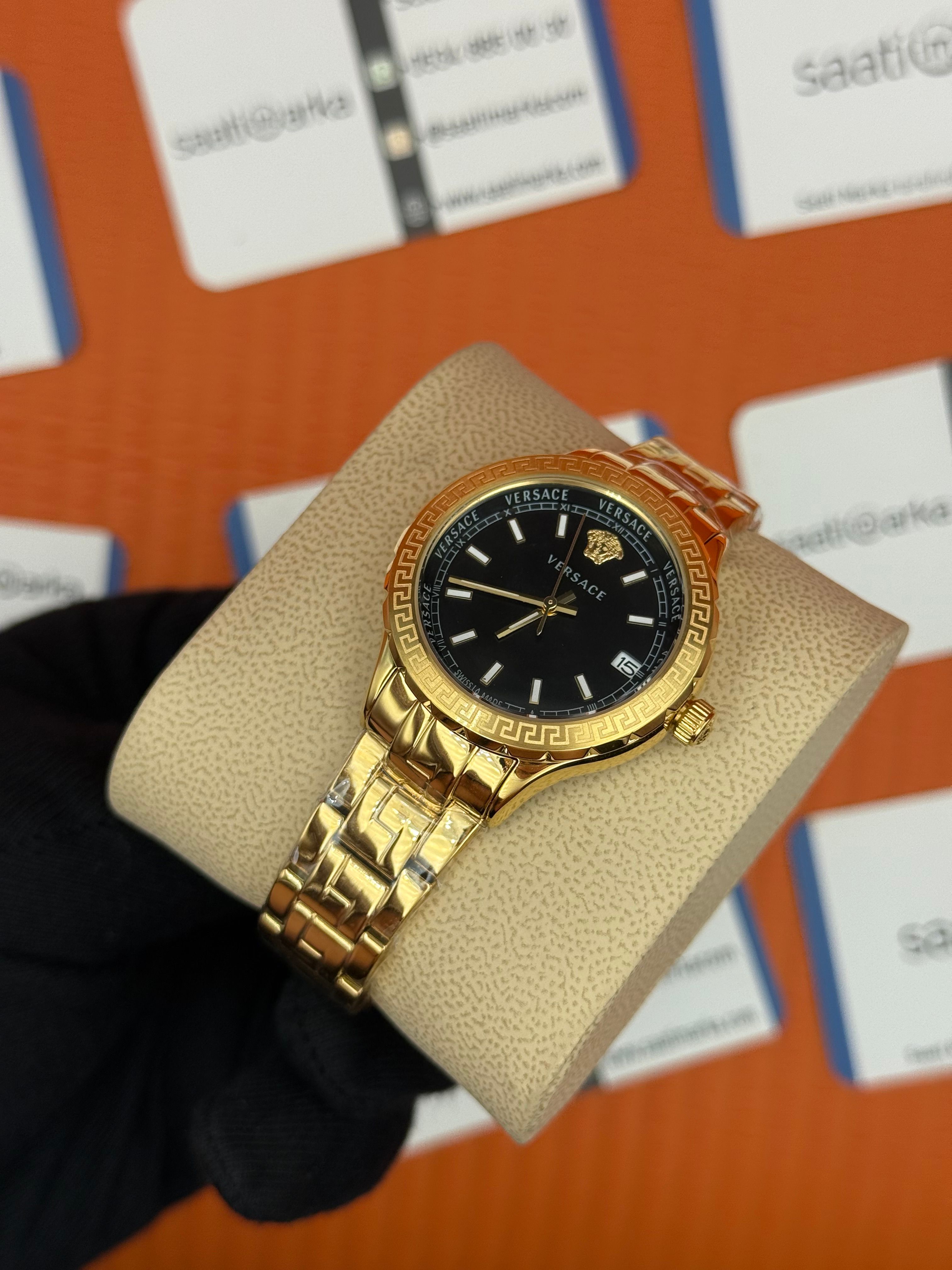 VERSACE siyah kadran gold kasa kordon kadın kol saati