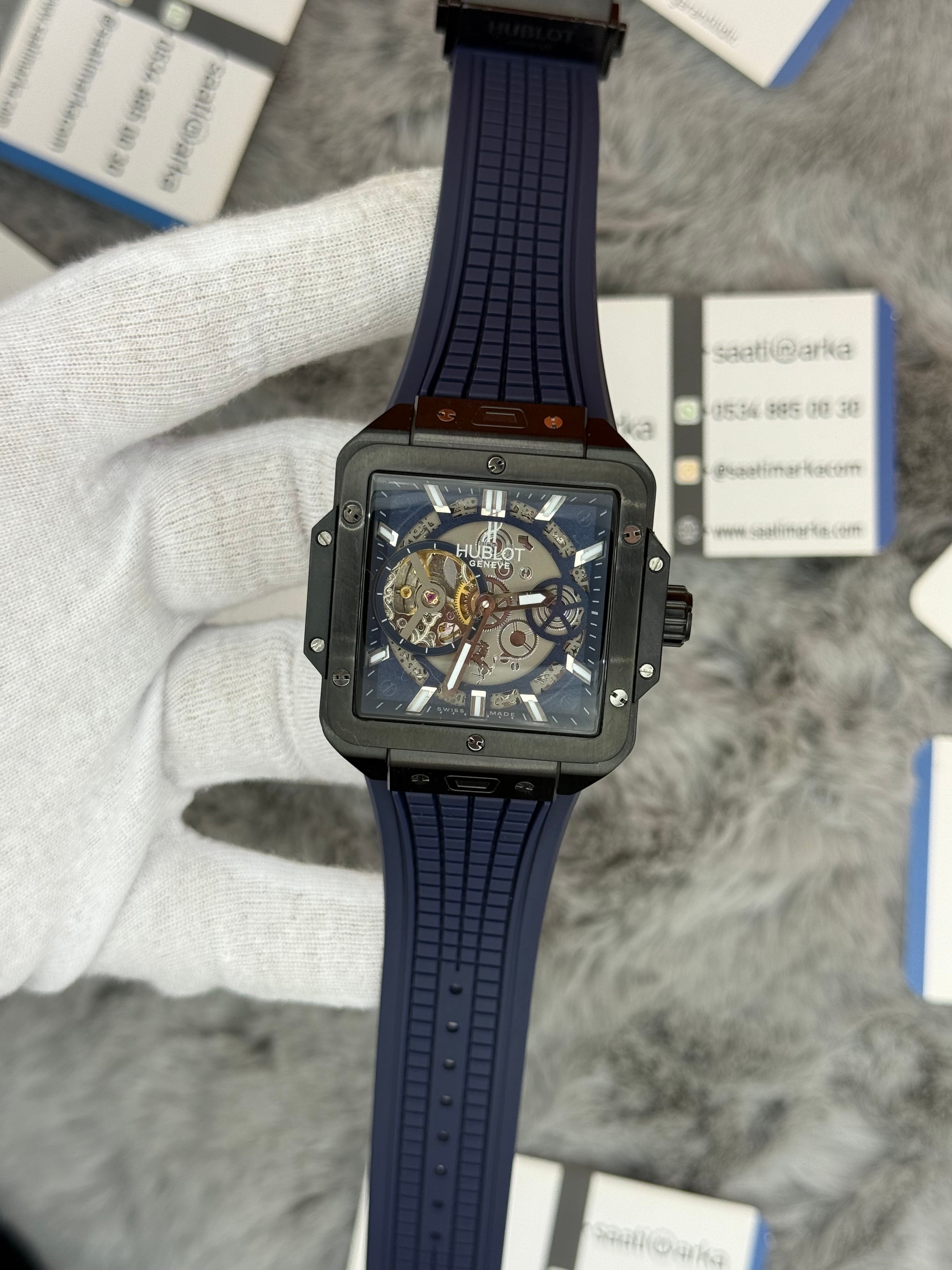 HUBLOT square bang tourbillon 42mm siyah kasa lacivert kasa erkek kol saati