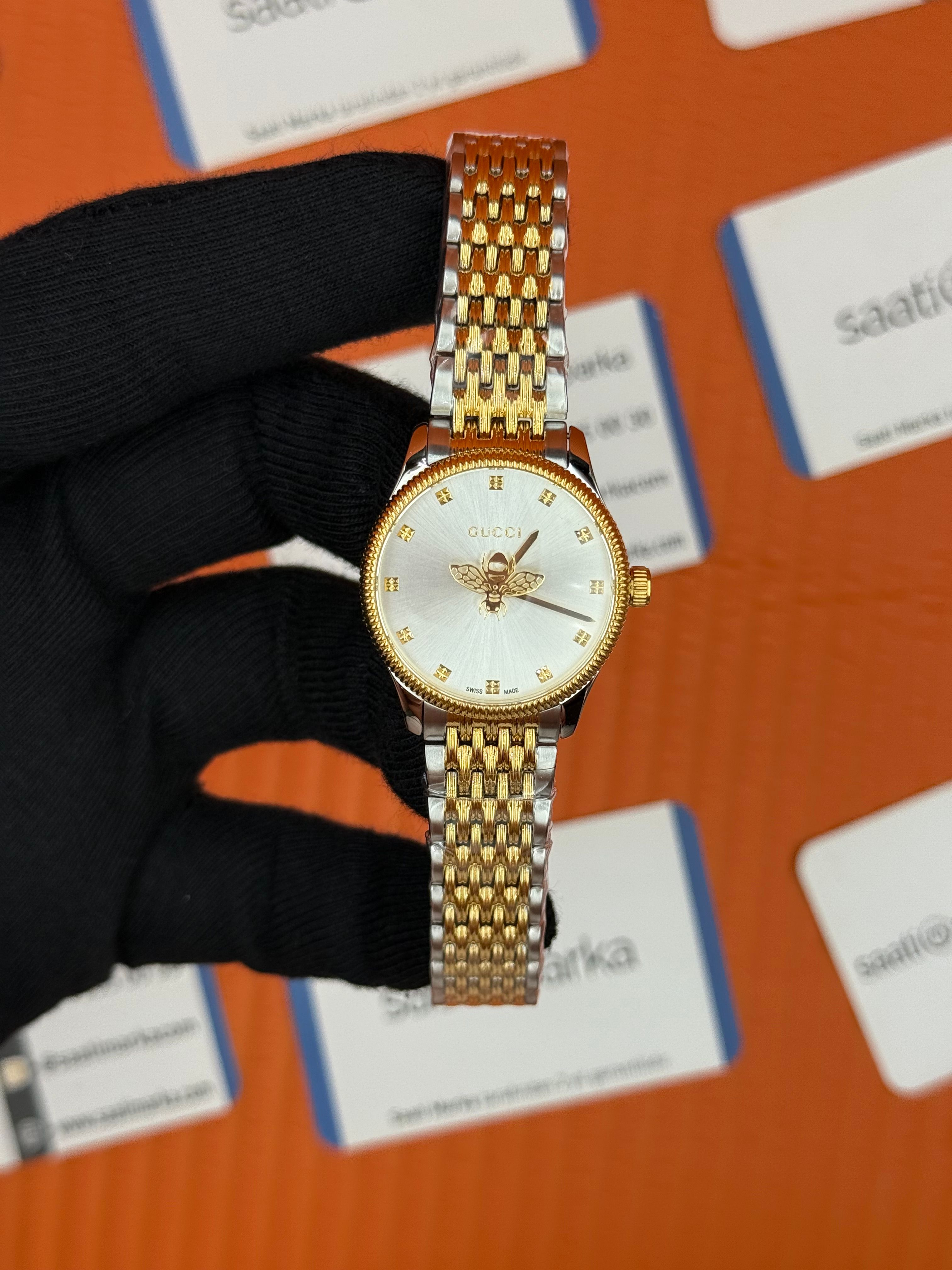GUCCI beyaz kadran gold silver kasa kordon kadın kol saati