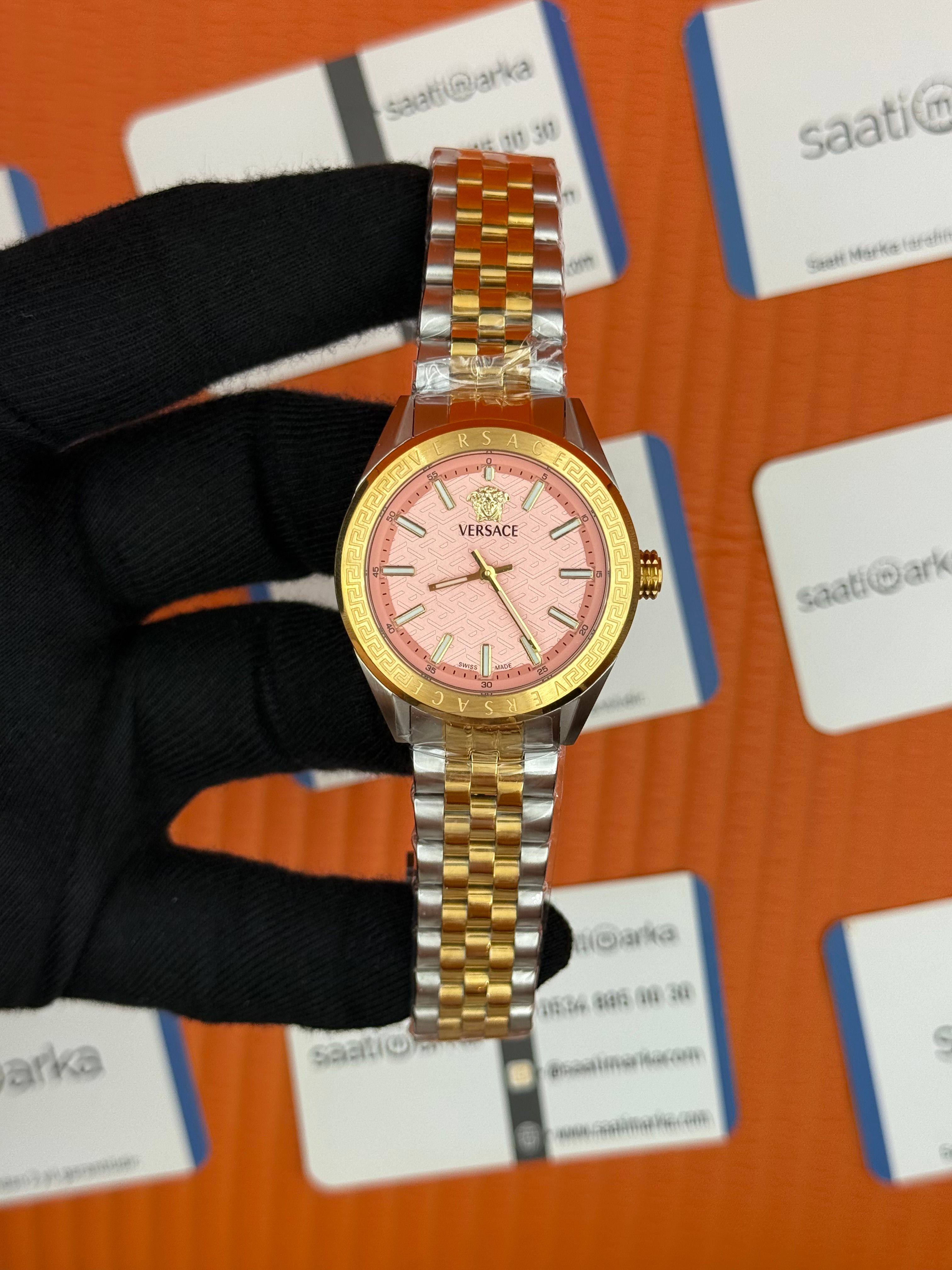VERSACE pembe kadran gold silver kordon kadın kol saati