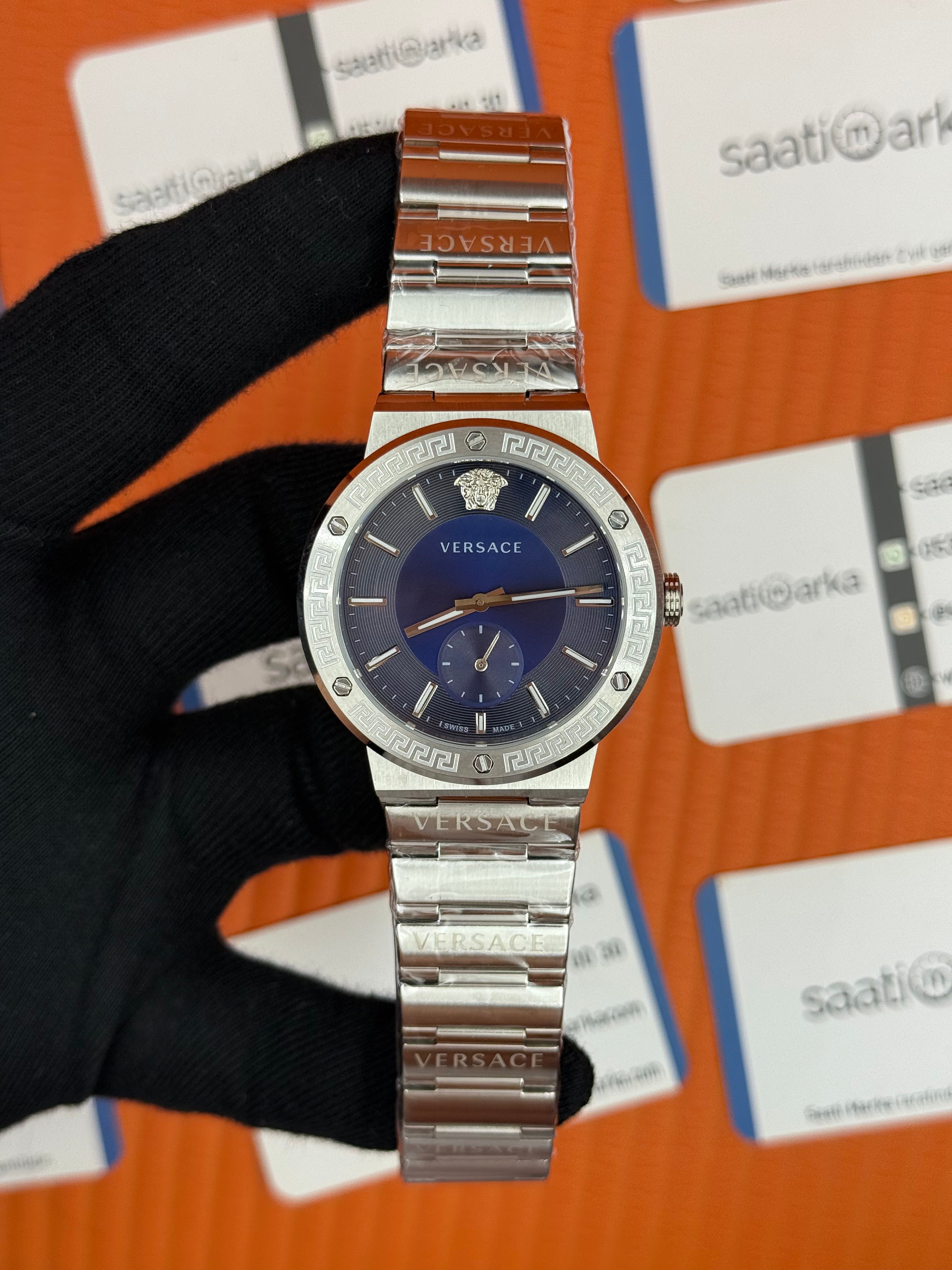 VERSACE mavi kadran silver kasa kordon erkek kol saati