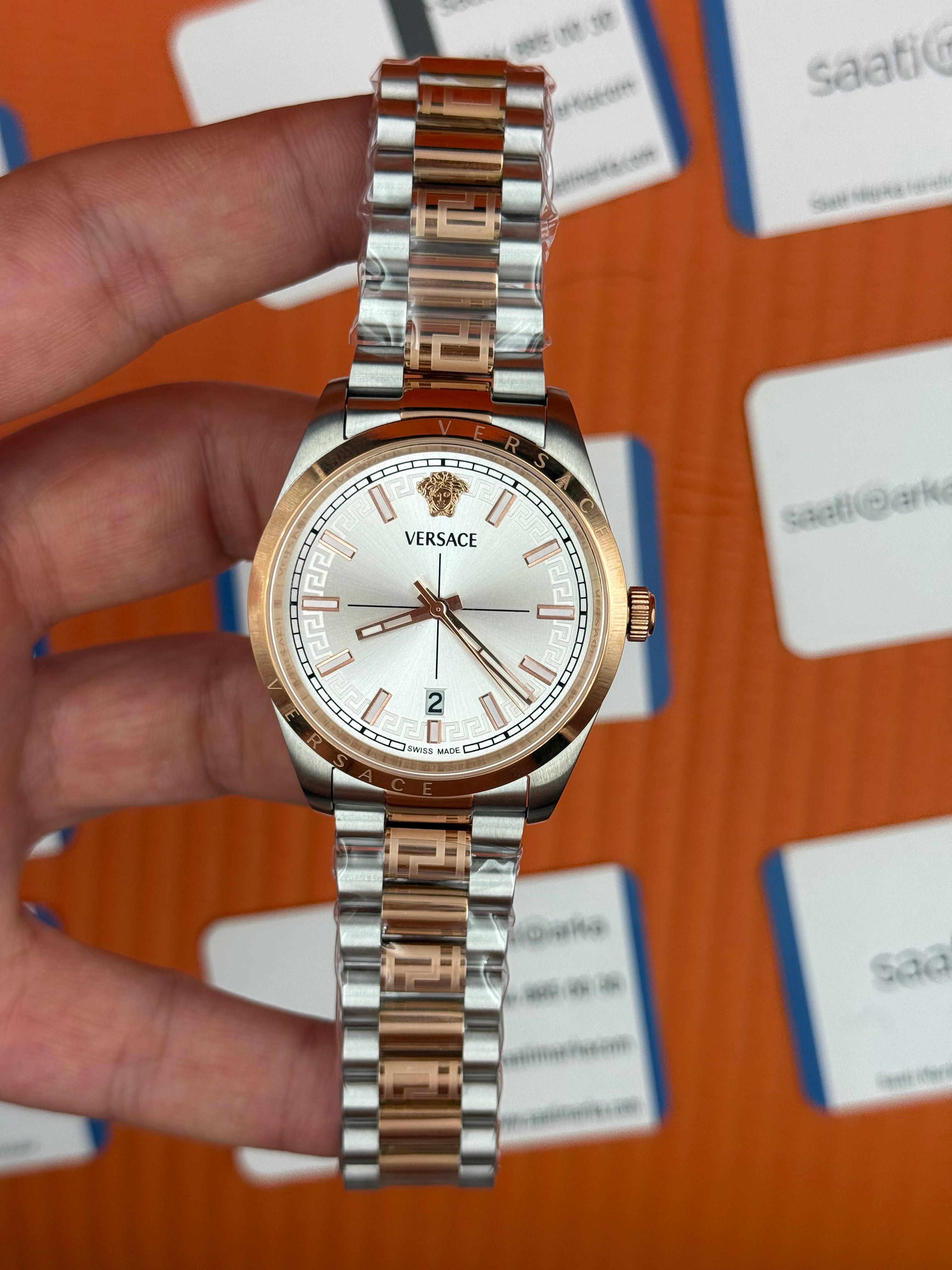 VERSACE 40mm beyaz kadran rose silver kasa kordon erkek kol saati
