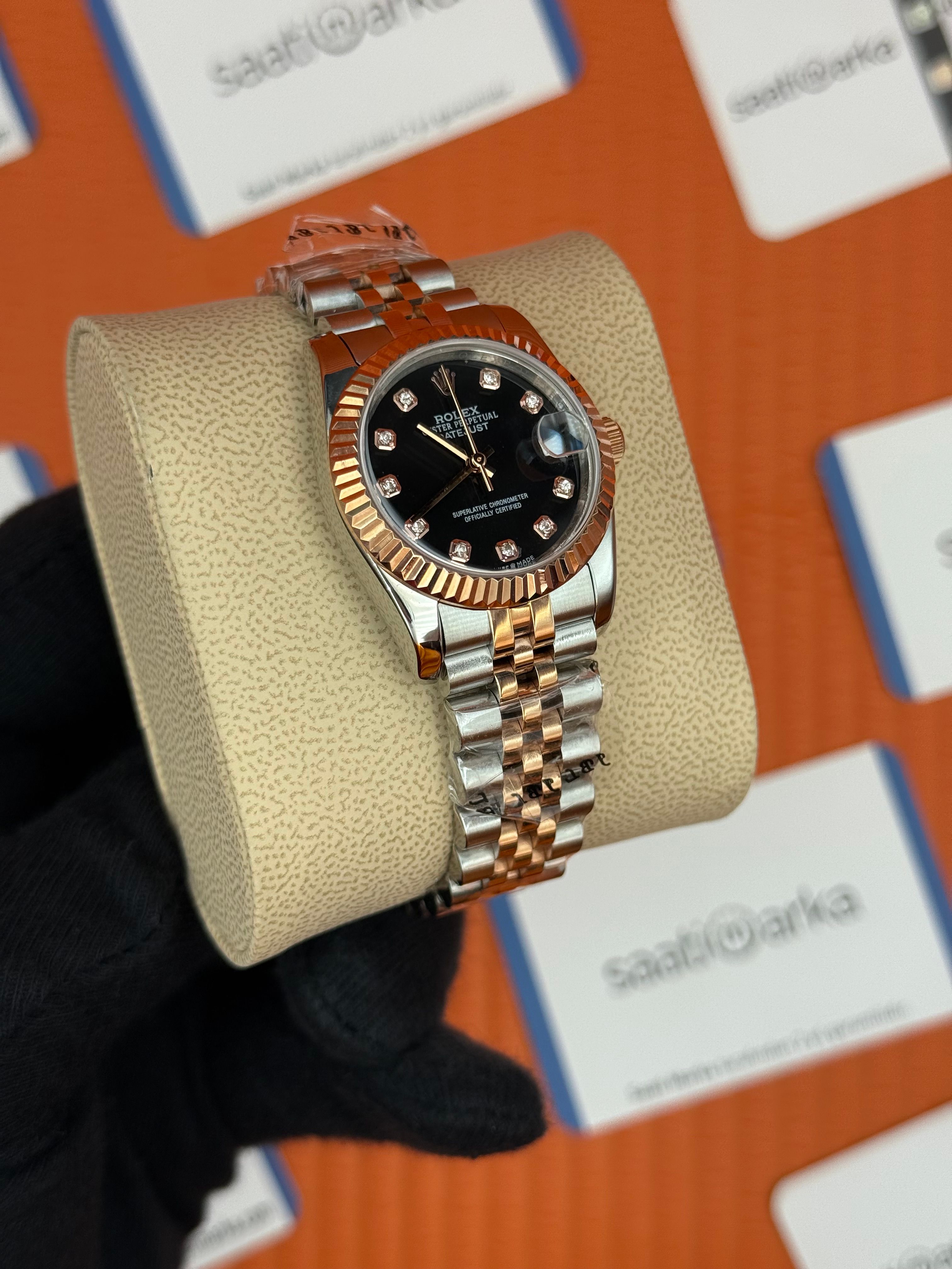 ROLEX datejust 31mm siyah baget taşlı kadran rose silver jubilee kordon