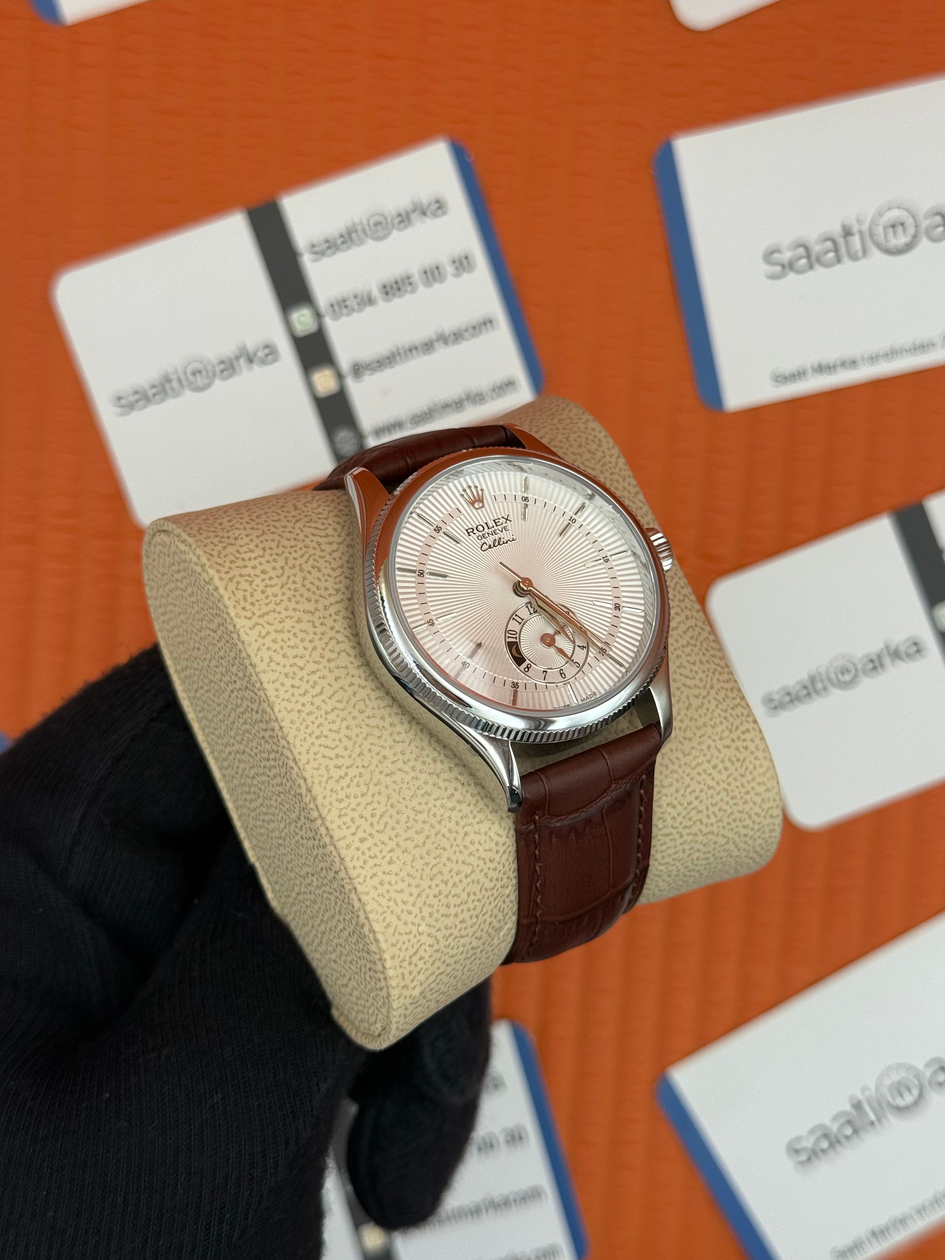 ROLEX Cellini silver kasa beyaz kadran kahverengi deri kordon