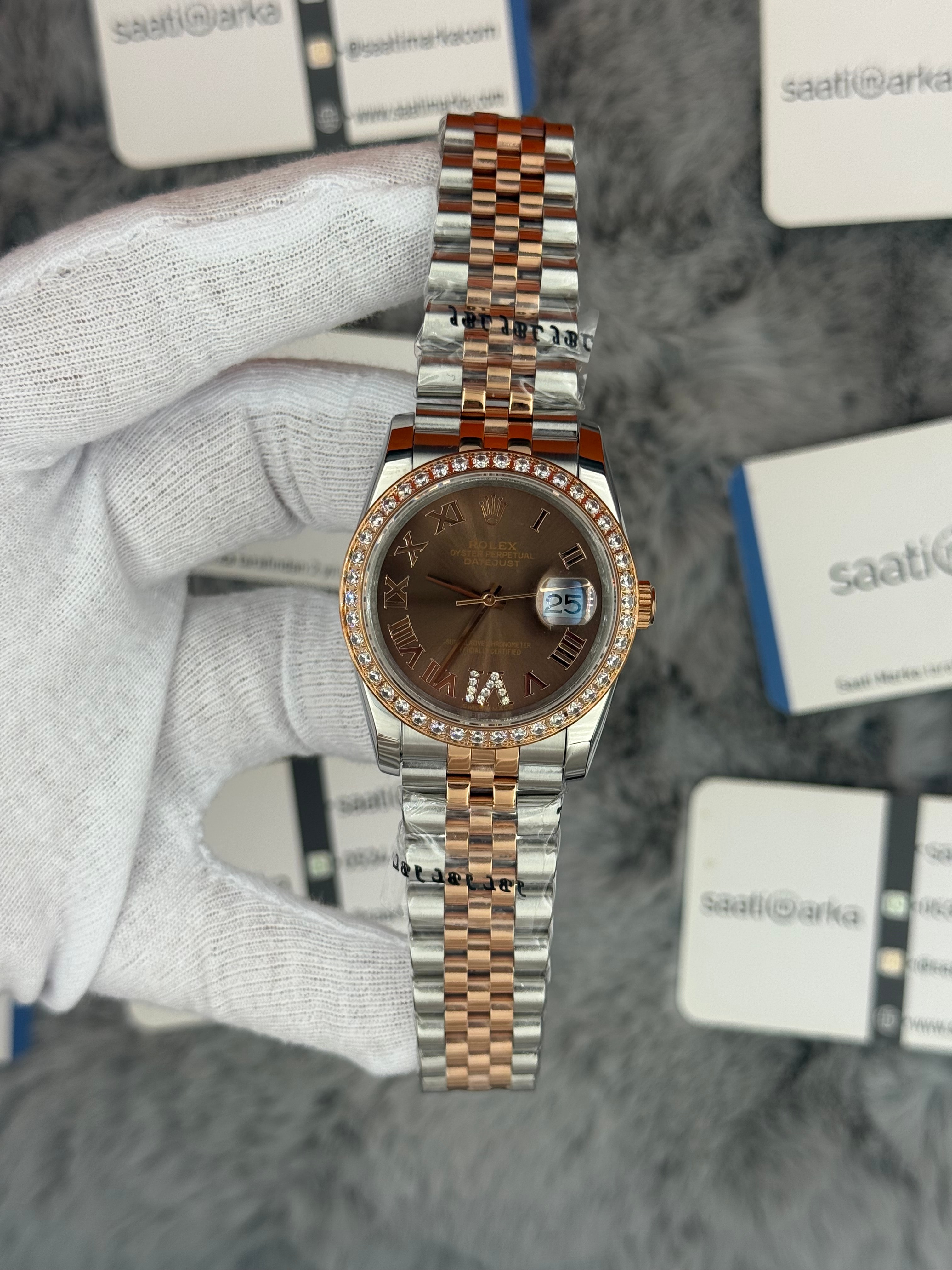 ROLEX Datejust 36mm kahverengi kadran taşlı bezel silver kasa rose silver jubilee kordon