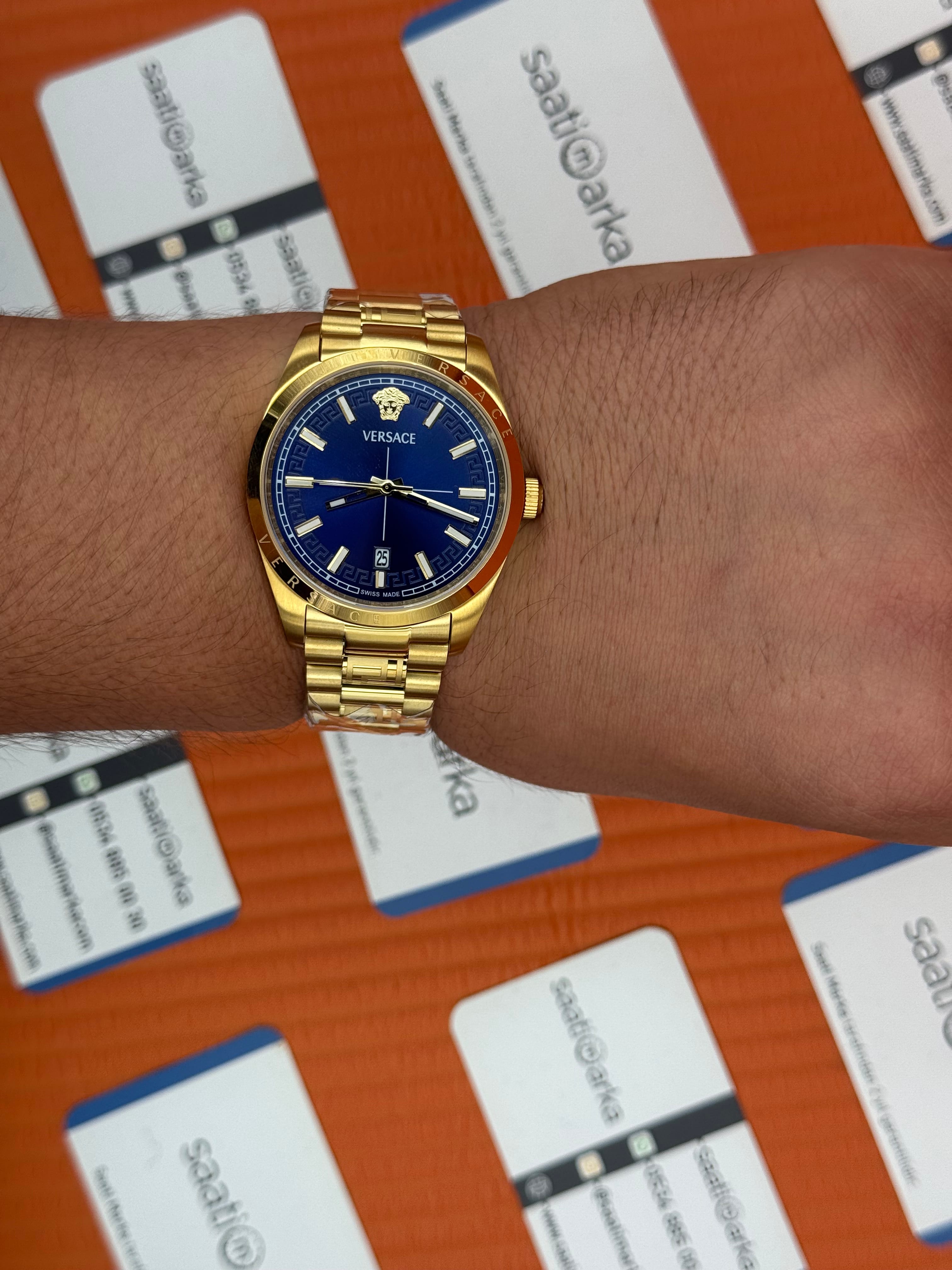 VERSACE 40mm lacivert kadran gold kasa kordon erkek kol saati