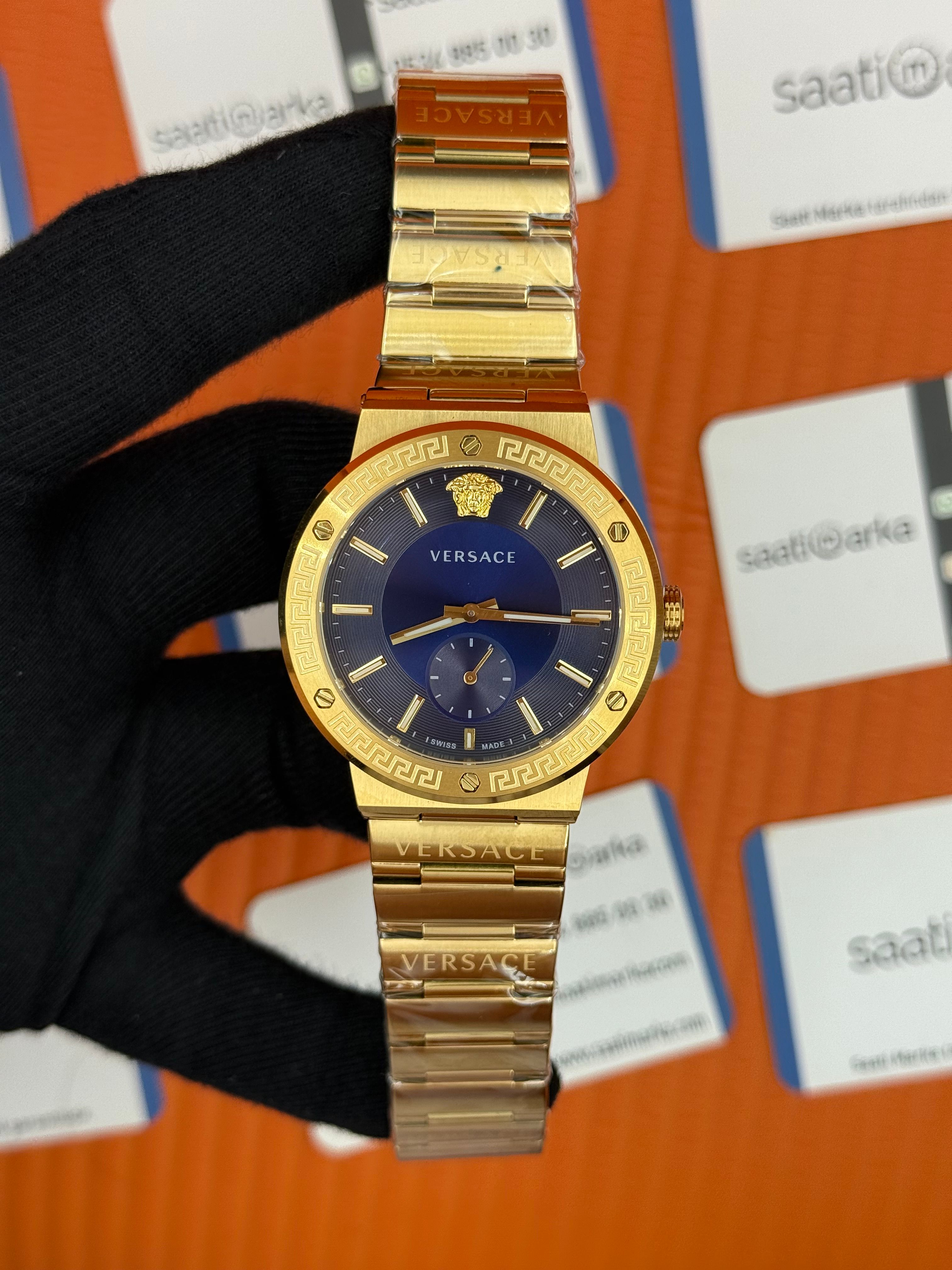 VERSACE mavi kadran gold kasa kordon erkek kol saati