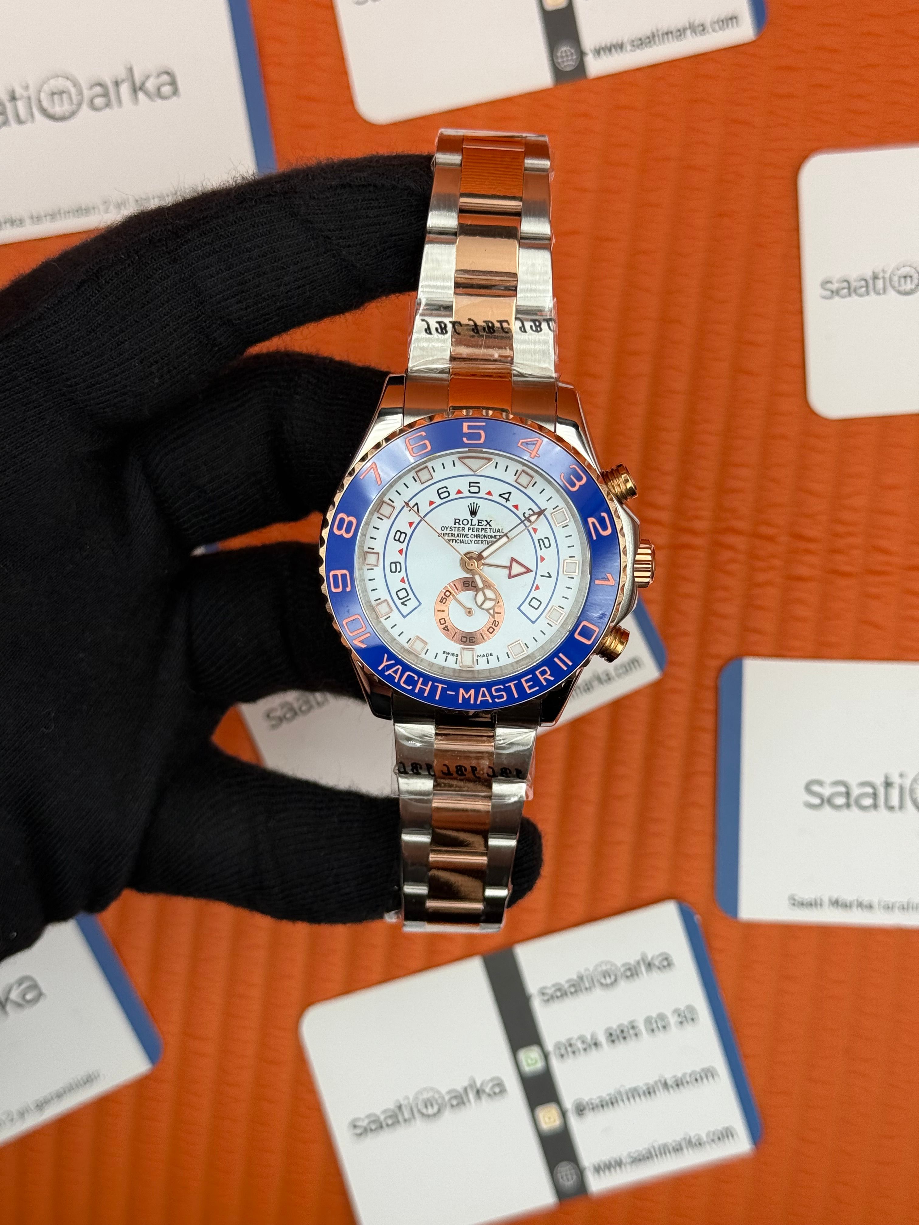 ROLEX Yacht Master oyster white dial blue bezel rose silver kasa-kordon