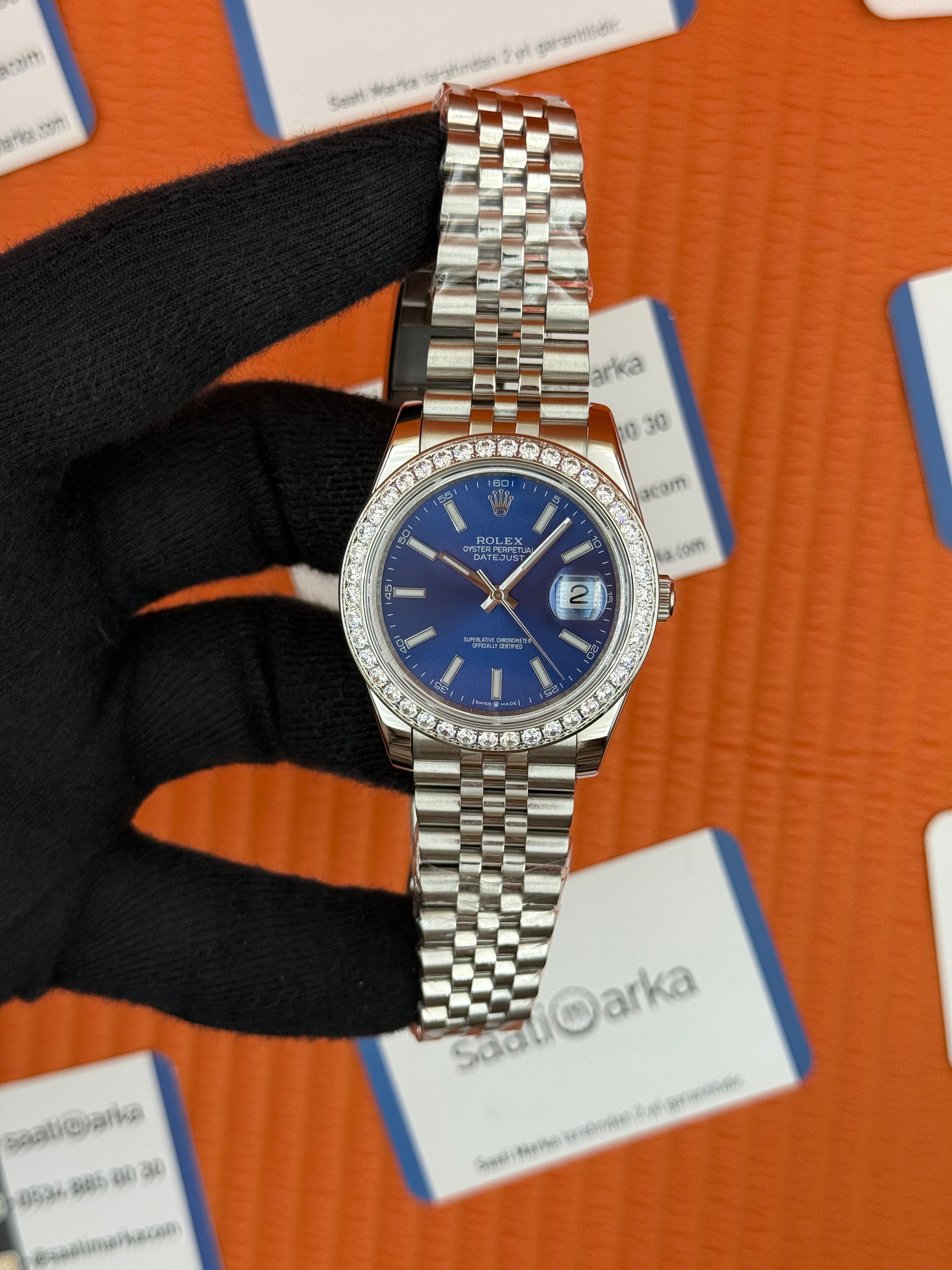 ROLEX Datejust taşlı bezel blue dial silver jubilee kordon