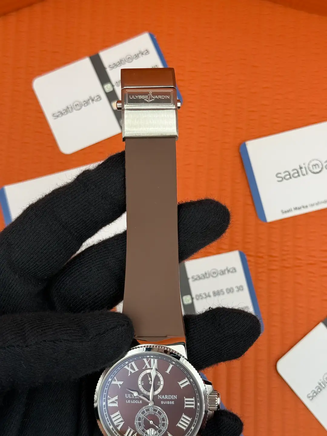 ulyyse nardin marine chronometer kahverengi kordon silver kasa