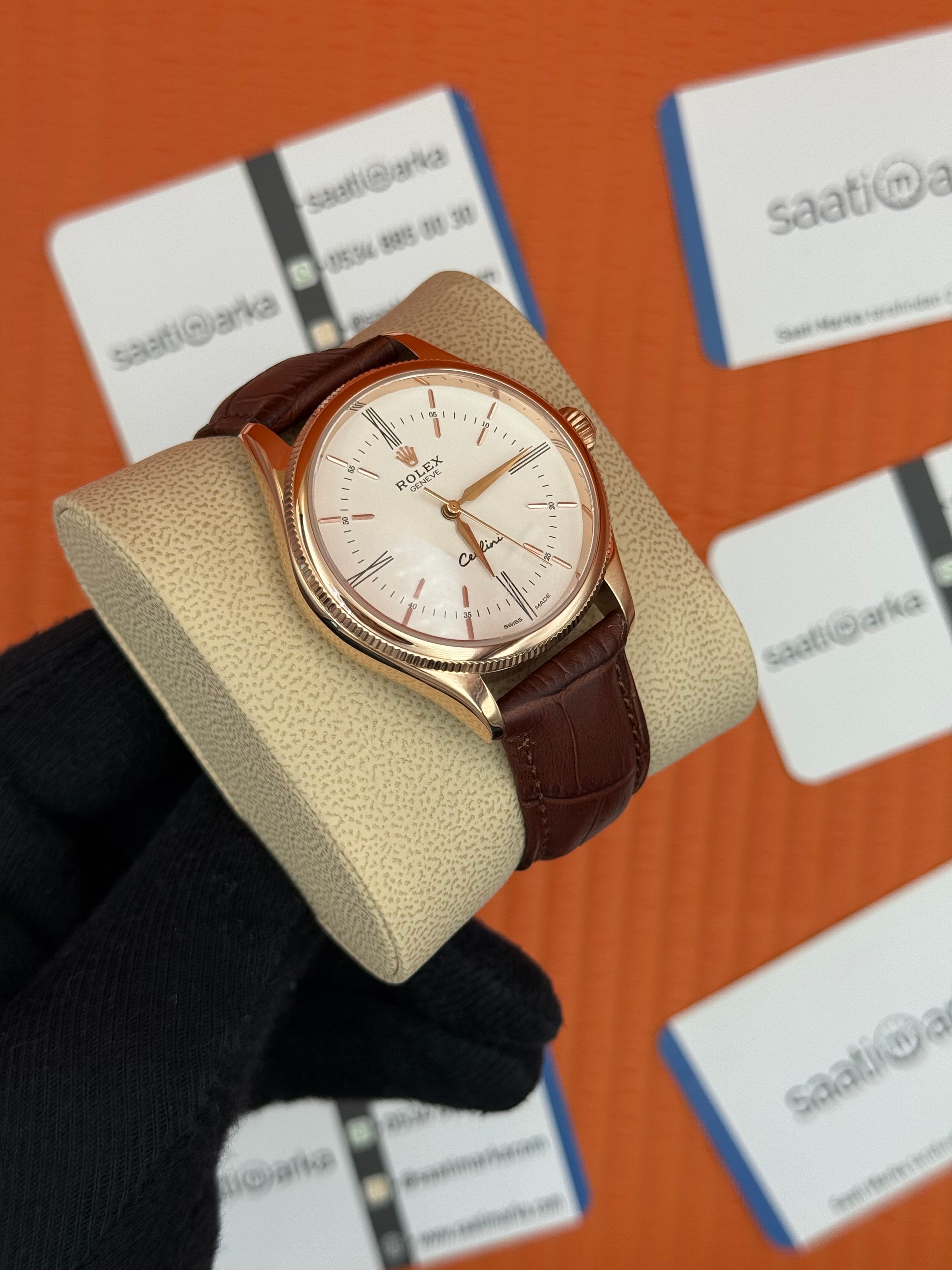 ROLEX Cellini rose kasa beyaz kadran kahverengi deri kordon