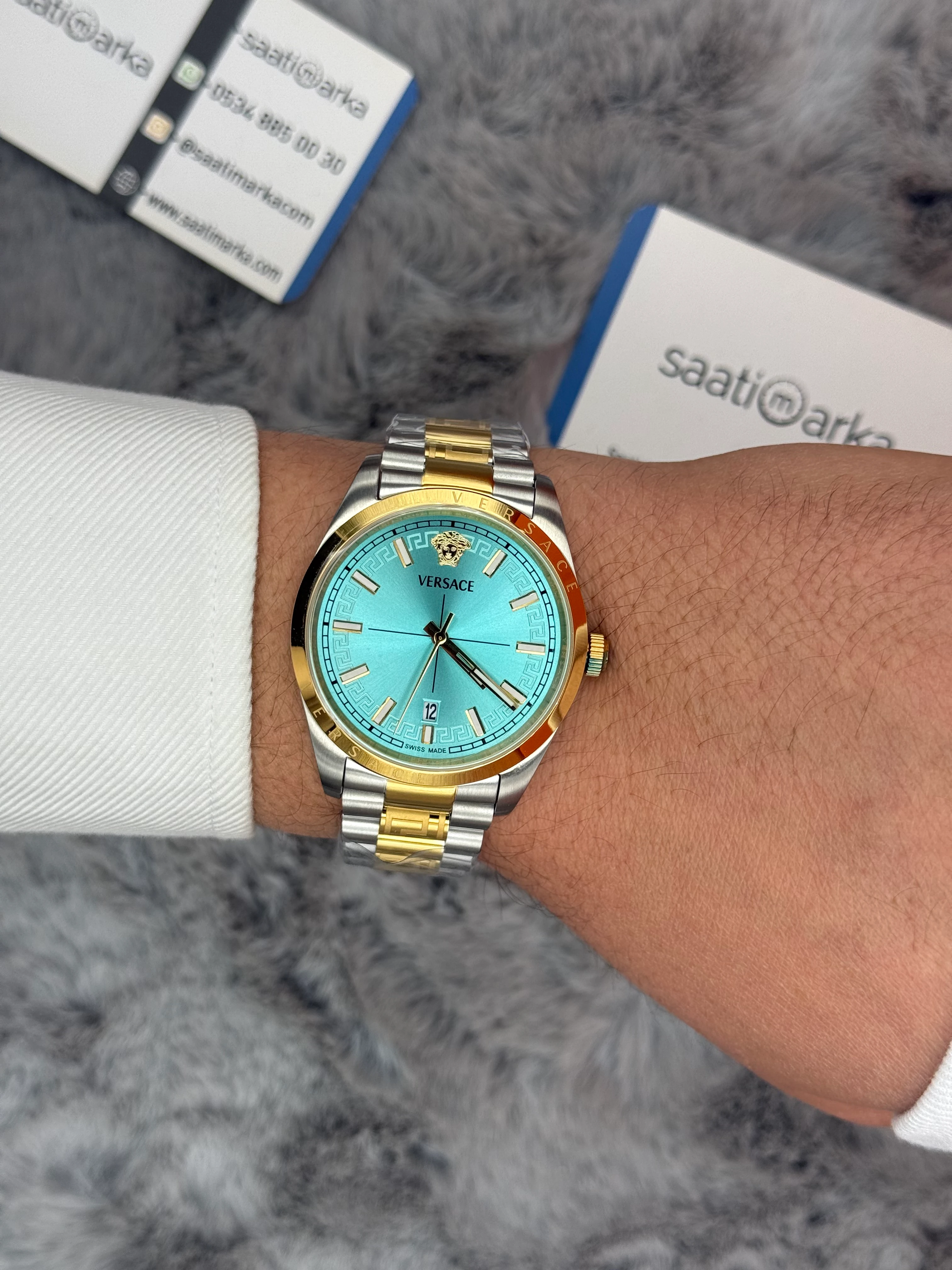 VERSACE 40MM TURKUAZ KADRAN GOLD SİLVER KASA KORDON ERKEK KOL SAATİ