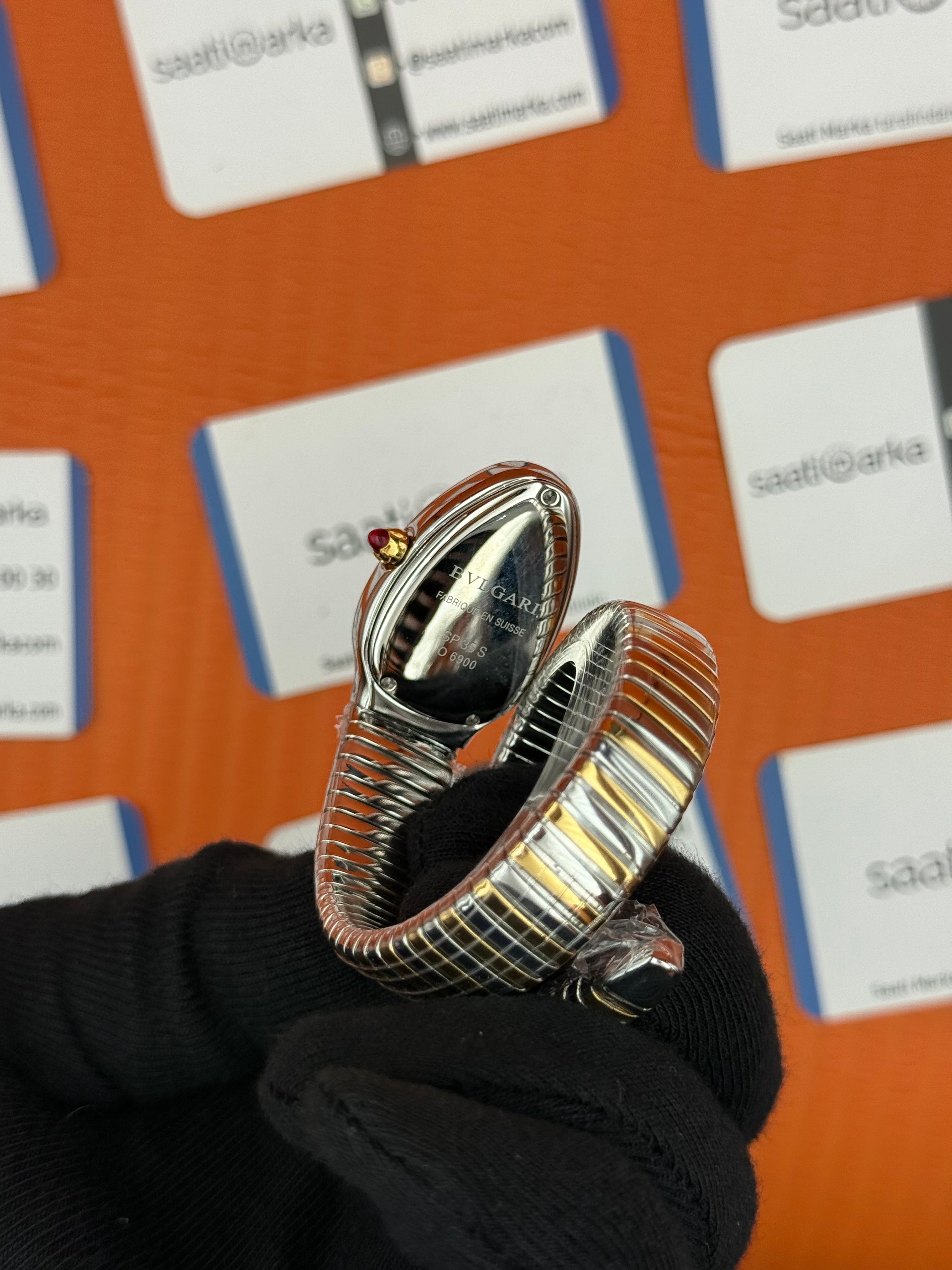 BVLGARİ serpenti tek sarma gold silver kordon taşlı bezel şampanya kadran kadın kol saati
