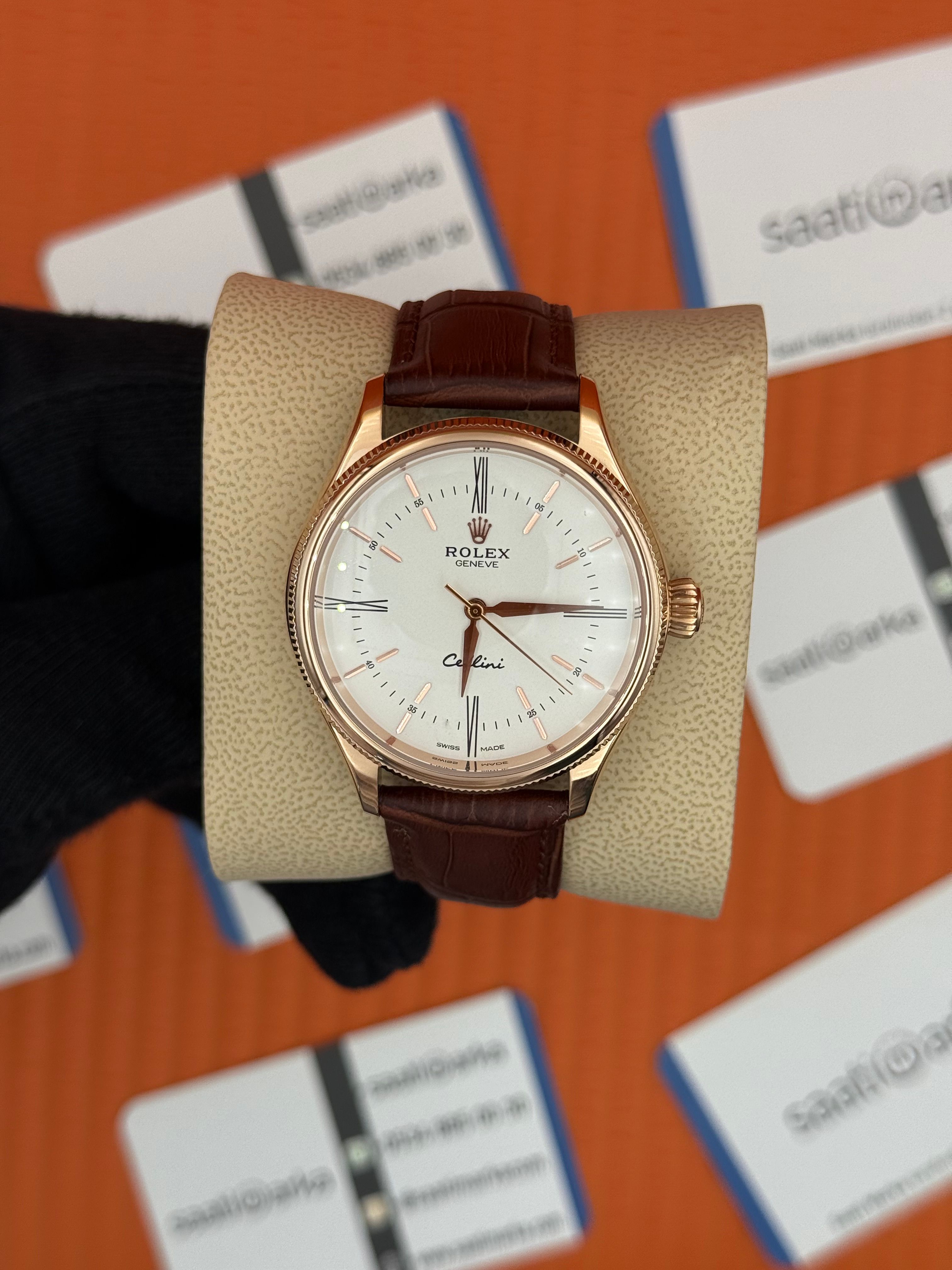 ROLEX Cellini rose kasa beyaz kadran kahverengi deri kordon