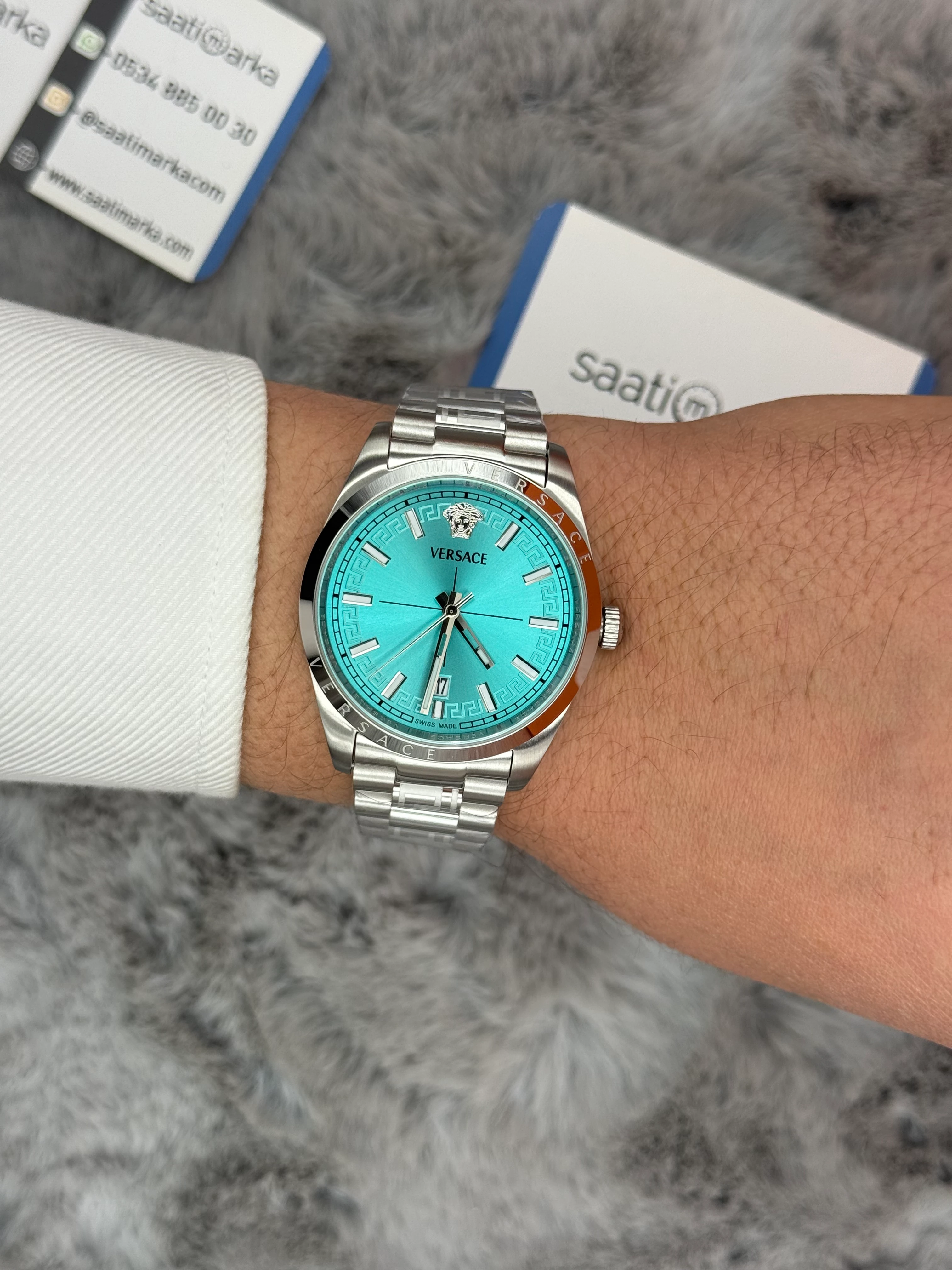 VERSACE 40MM TURKUAZ KADRAN SİLVER KASA KORDON ERKEK KOL SAATİ