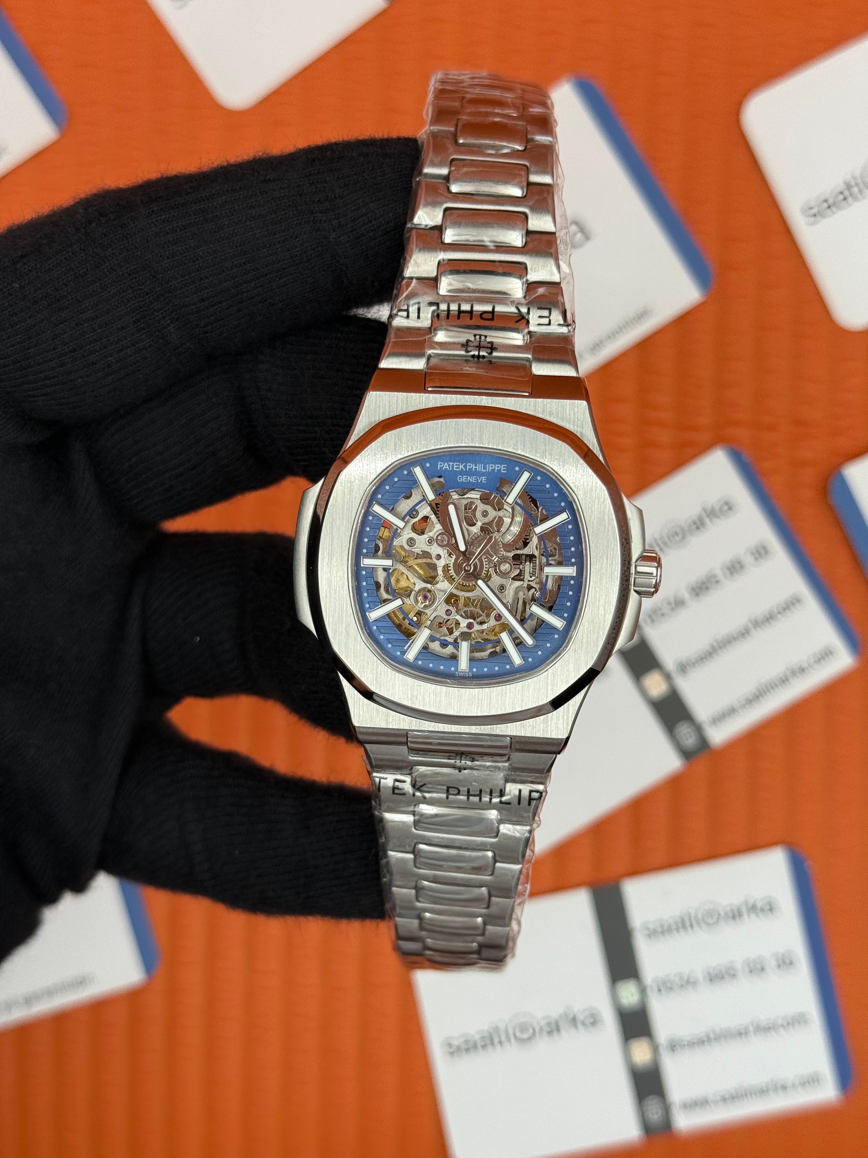 PATEK PHILIPPE SKELETON MAVİ KADRAN SİLVER KASA-KORDON 40MM