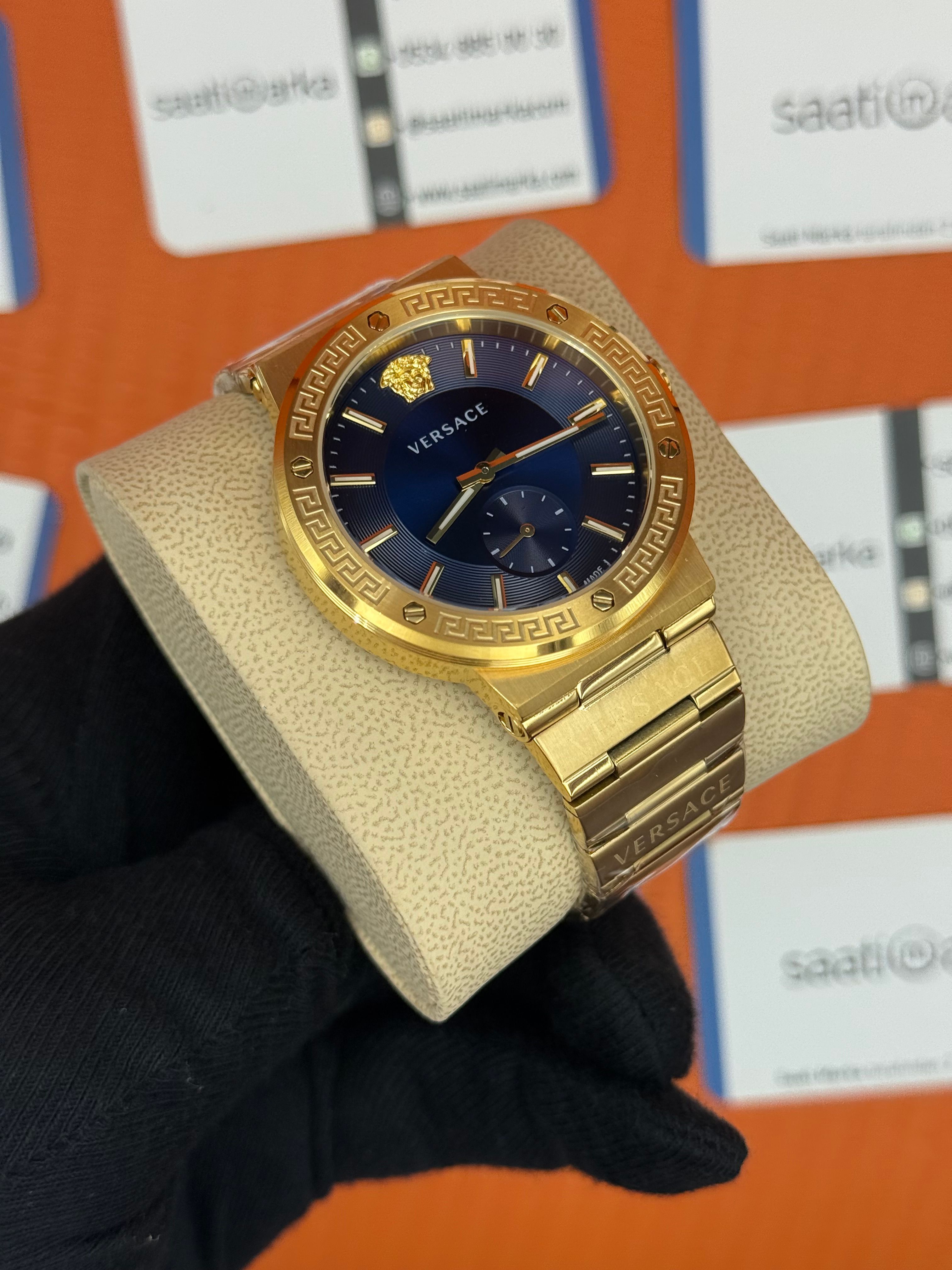 VERSACE mavi kadran gold kasa kordon erkek kol saati