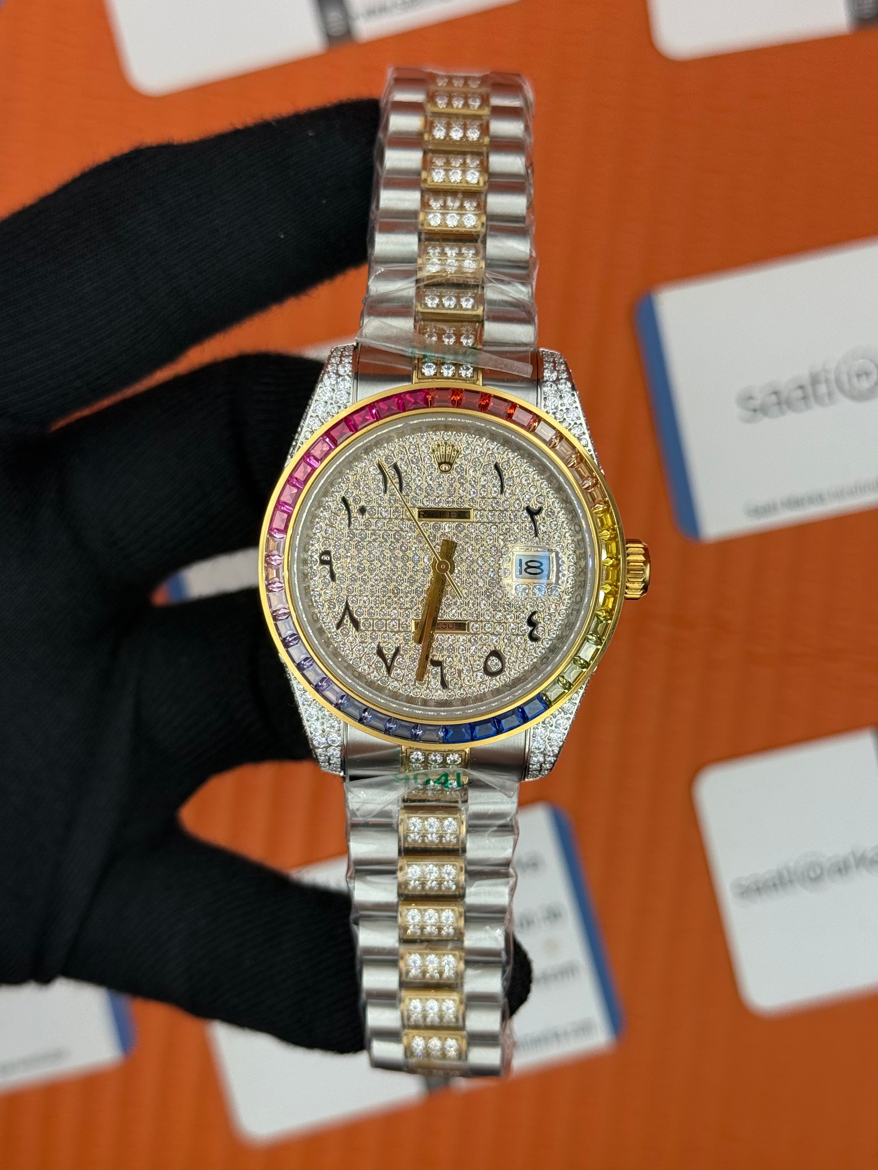 ROLEX Datejust arap rakamlı kadran taşlı kasa kordon gold silver