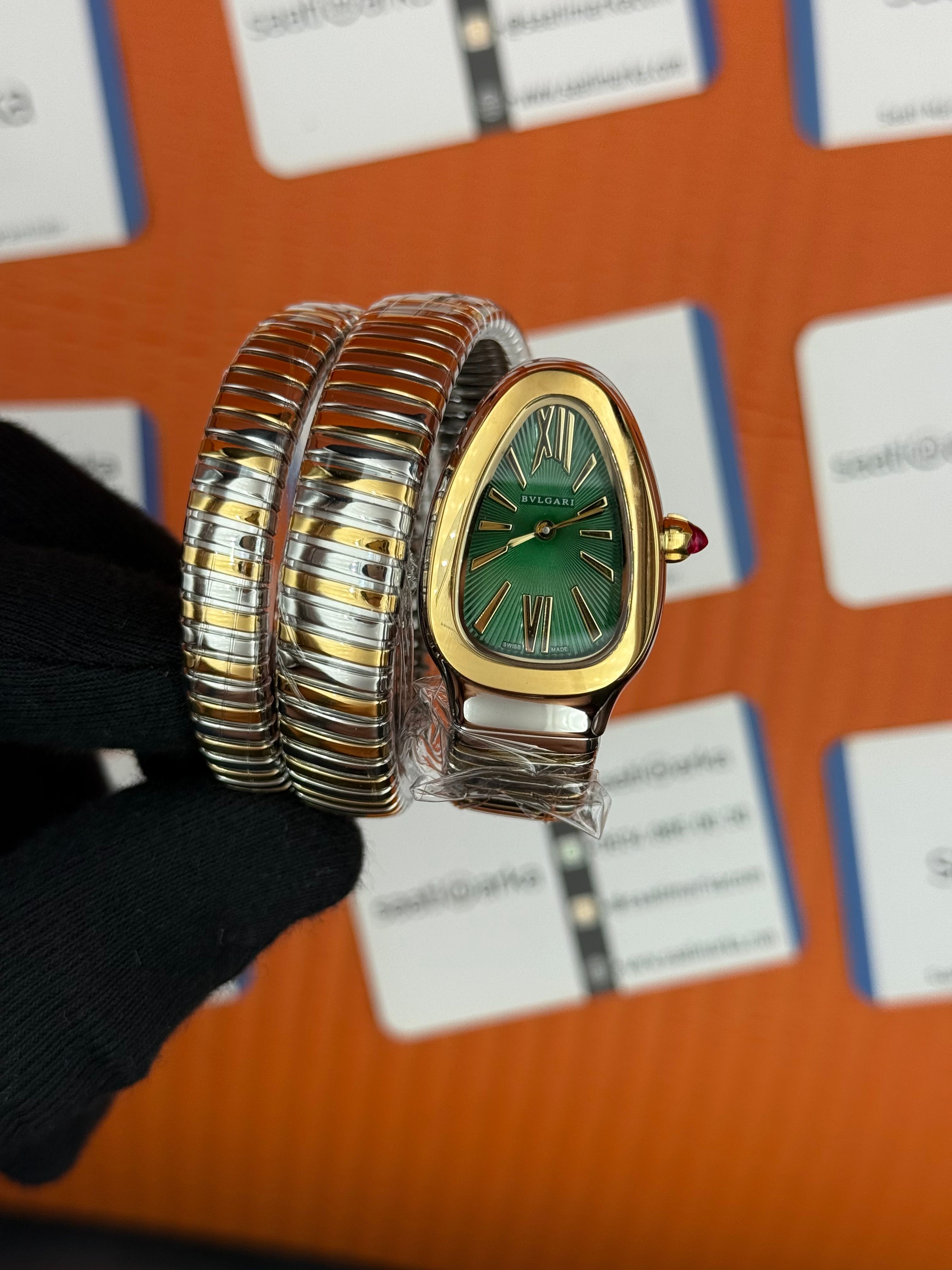 BVLGARİ serpenti çift sarma gold silver kordon yeşil kadran kadın kol saati