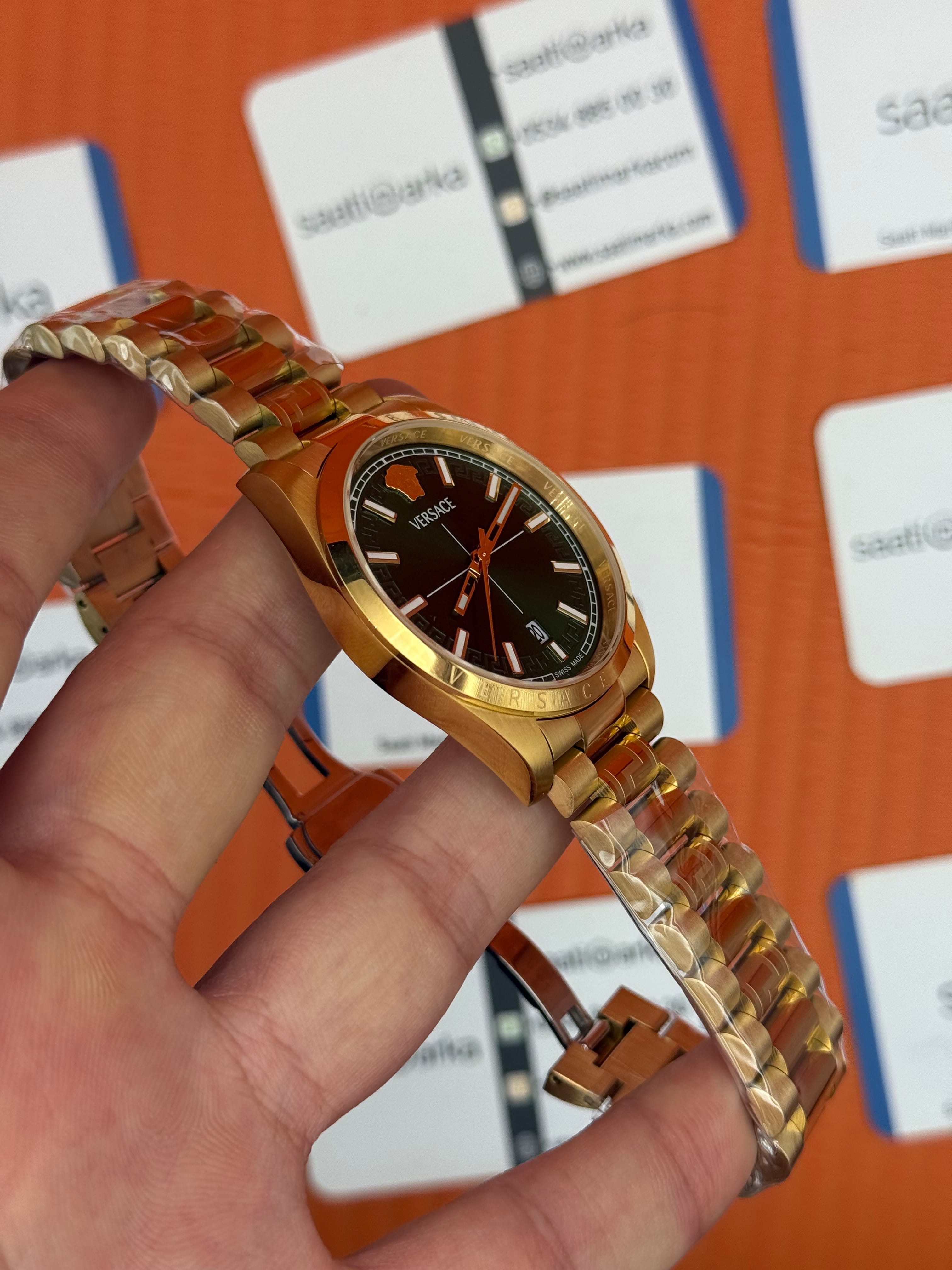 VERSACE 40mm yeşil kadran gold kasa kordon erkek kol saati
