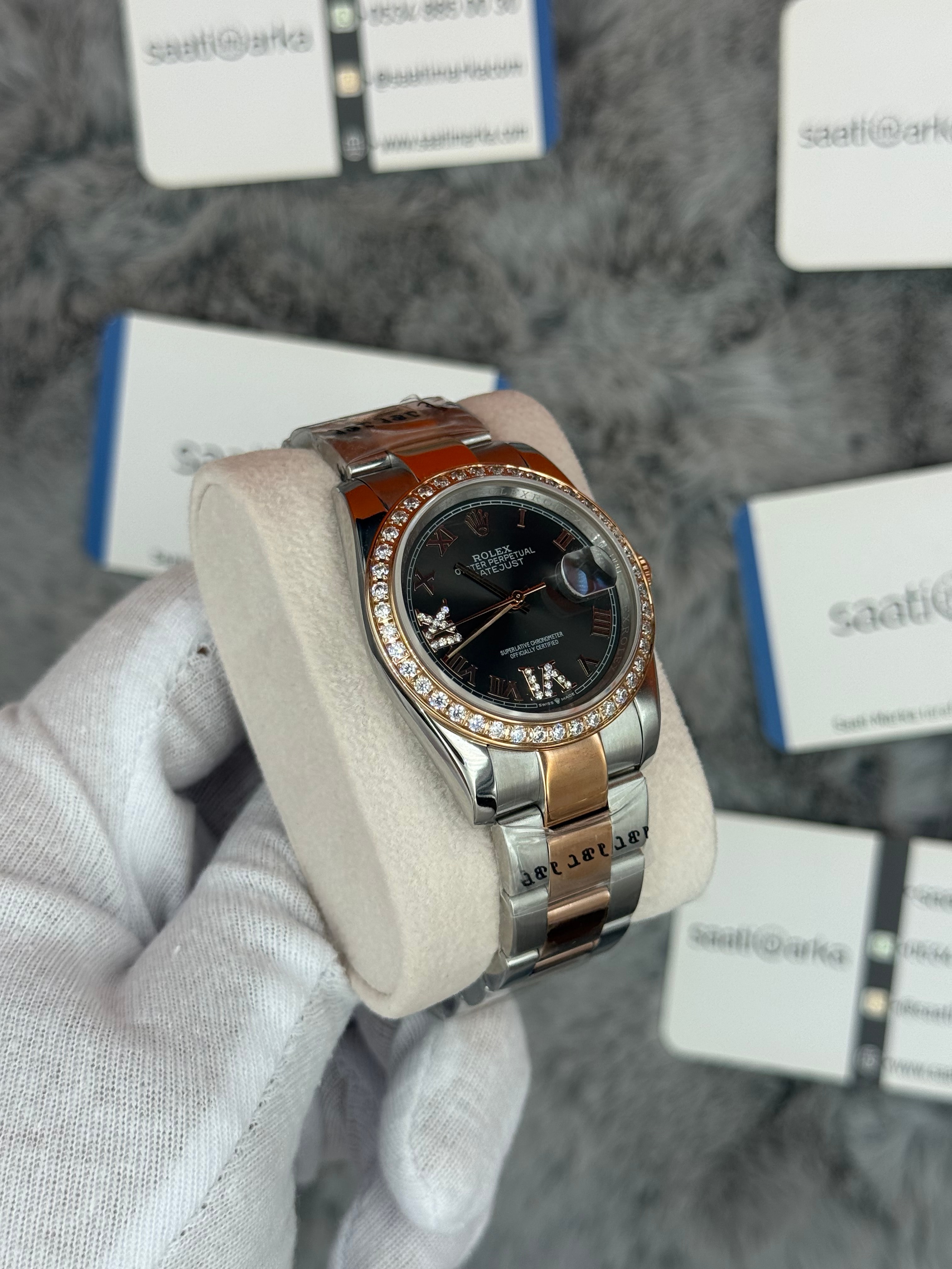 ROLEX Datejust 36mm gri kadran taşlı bezel silver kasa rose silver oyster kordon 