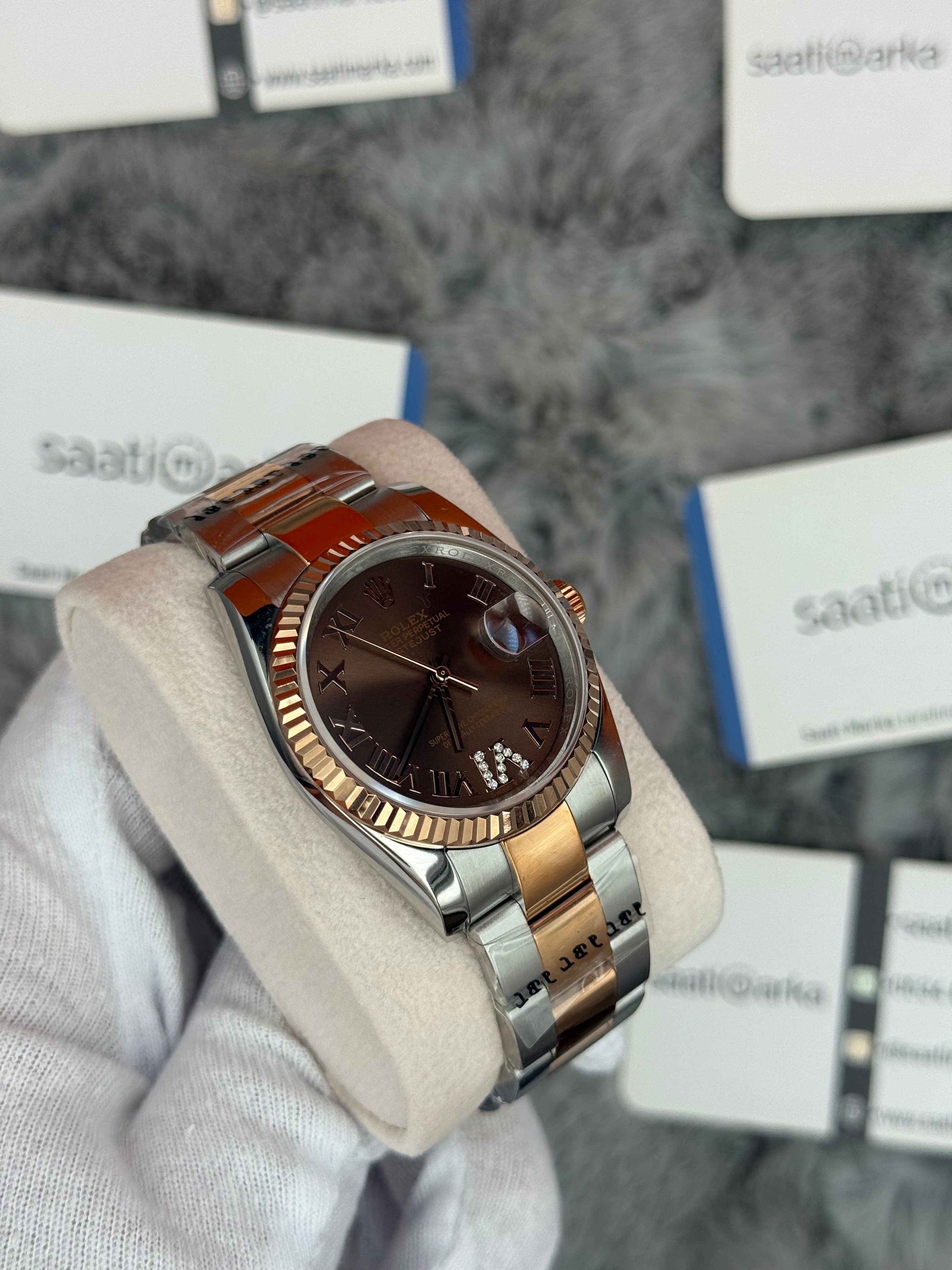 ROLEX datejust 36mm kahverengi kadran silver kasa rose silver oyster kordon 