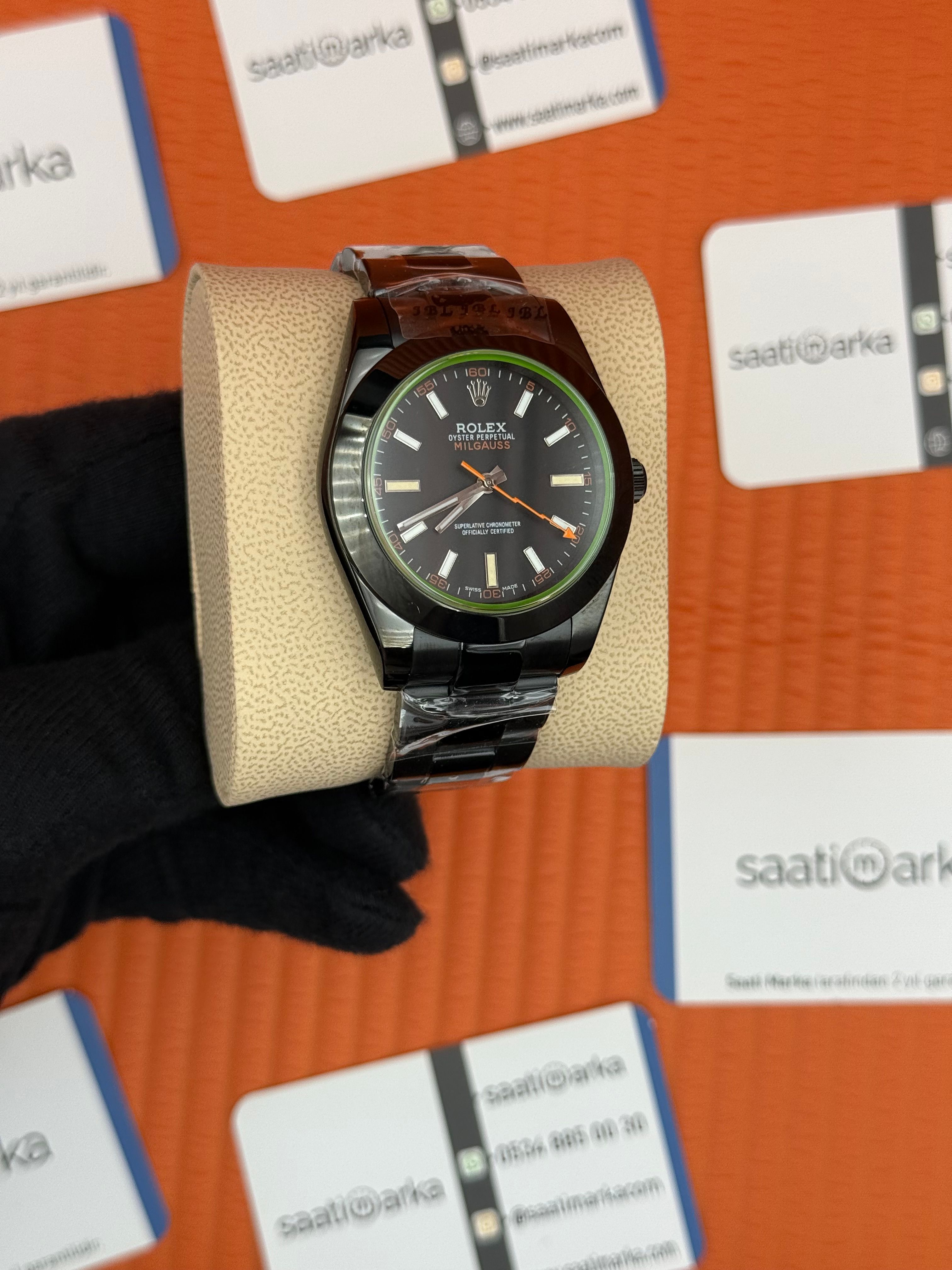 ROLEX Milgauss siyah kadran siyah kasa kordon