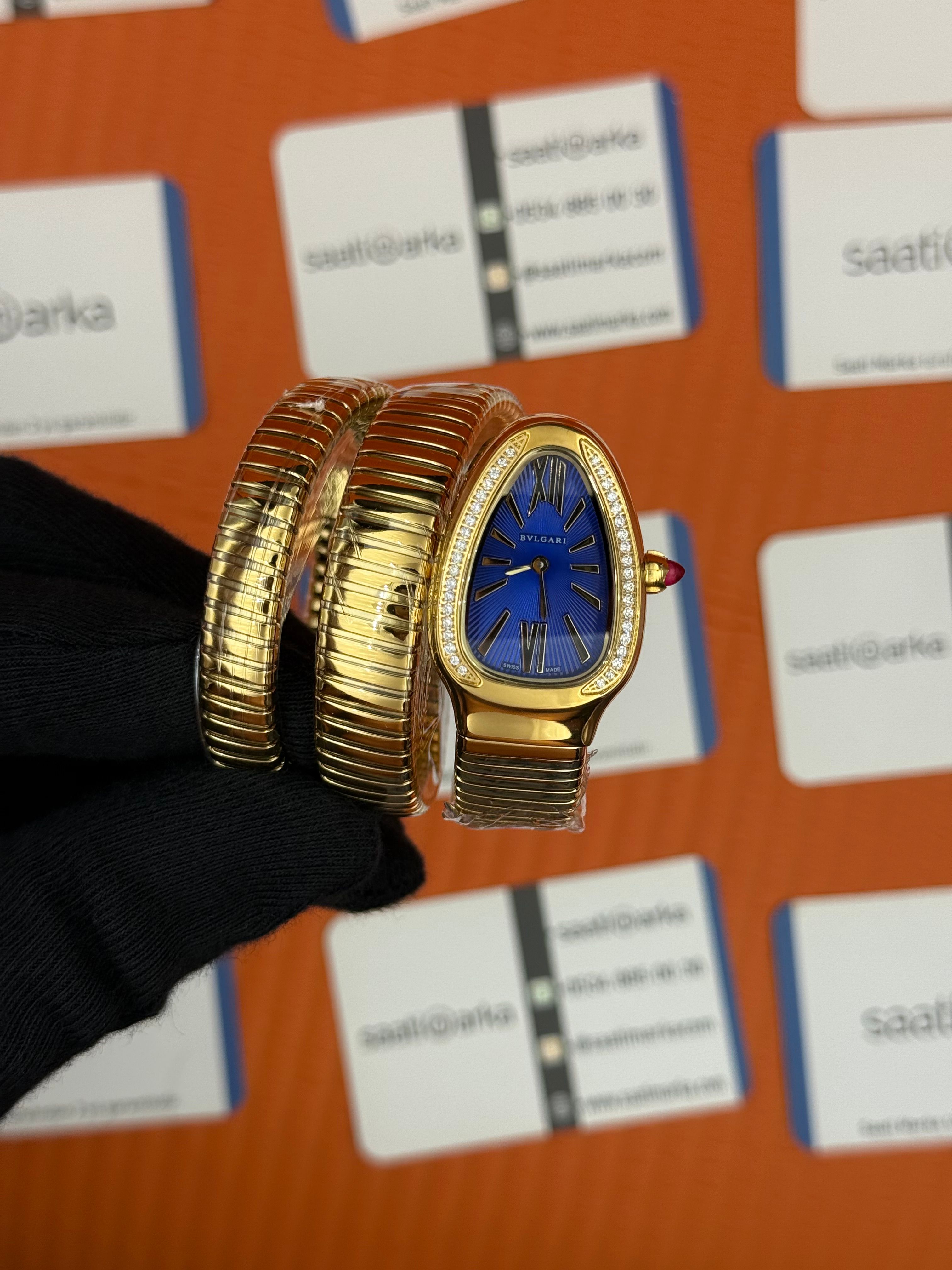 BVLGARİ serpenti çift sarma gold kordon taşlı bezel mavi kadran kadın kol saati
