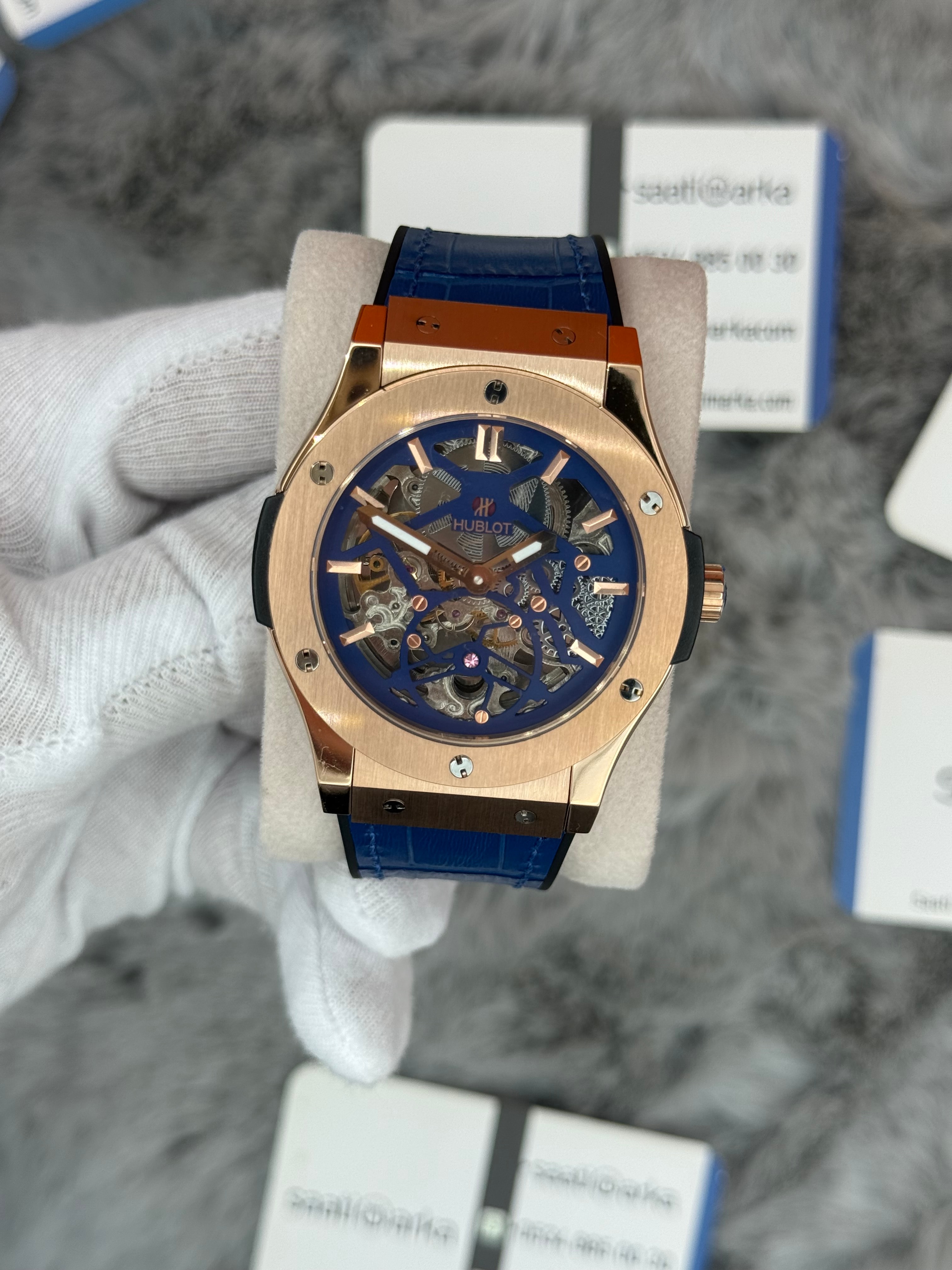 HUBLOT big bang tourbillon 41mm rose kasa mavi deri kordon erkek kol saati