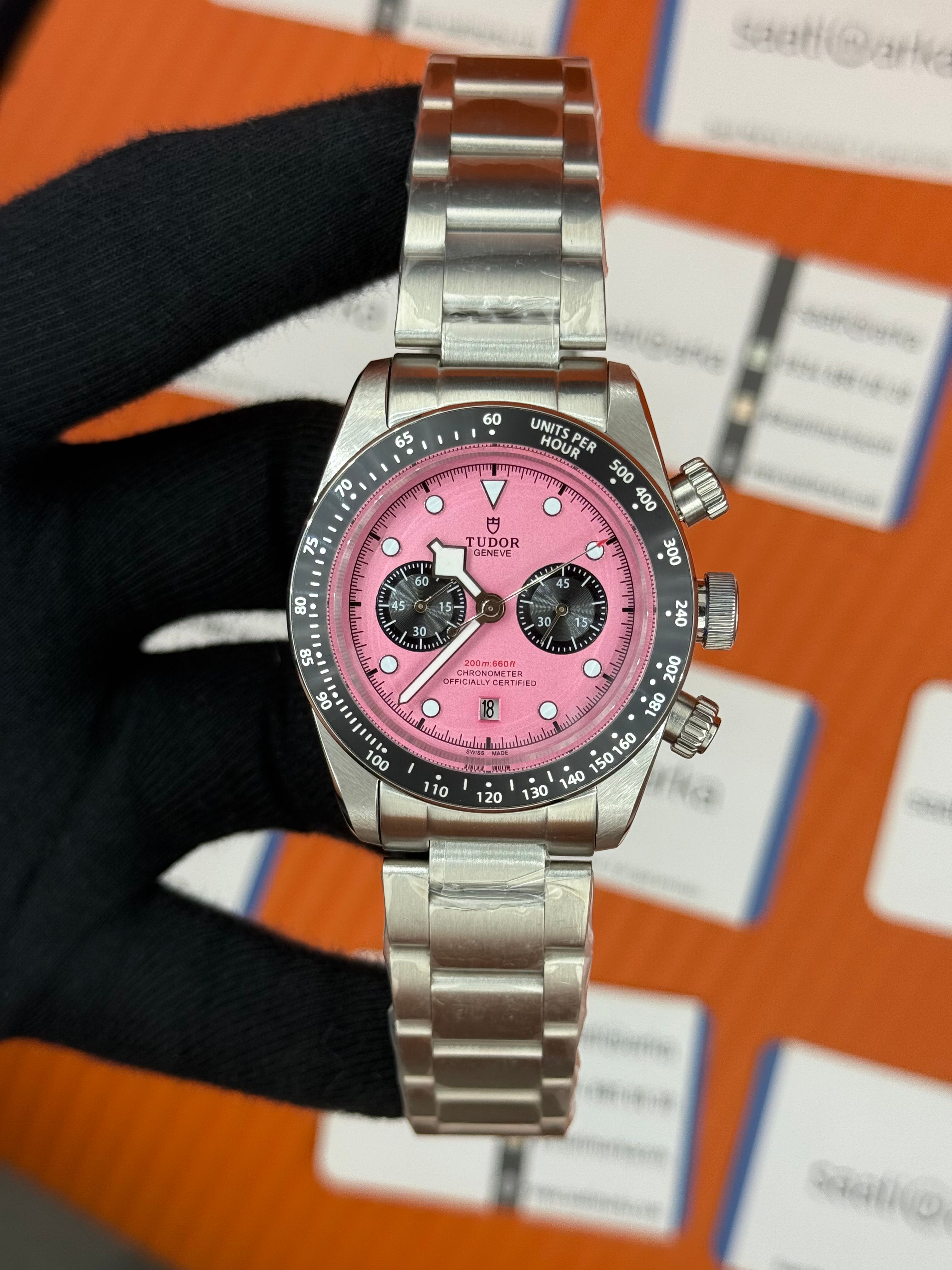 TUDOR black bay flamingo pink kadran silver kasa kordon 41mm erkek kol saati