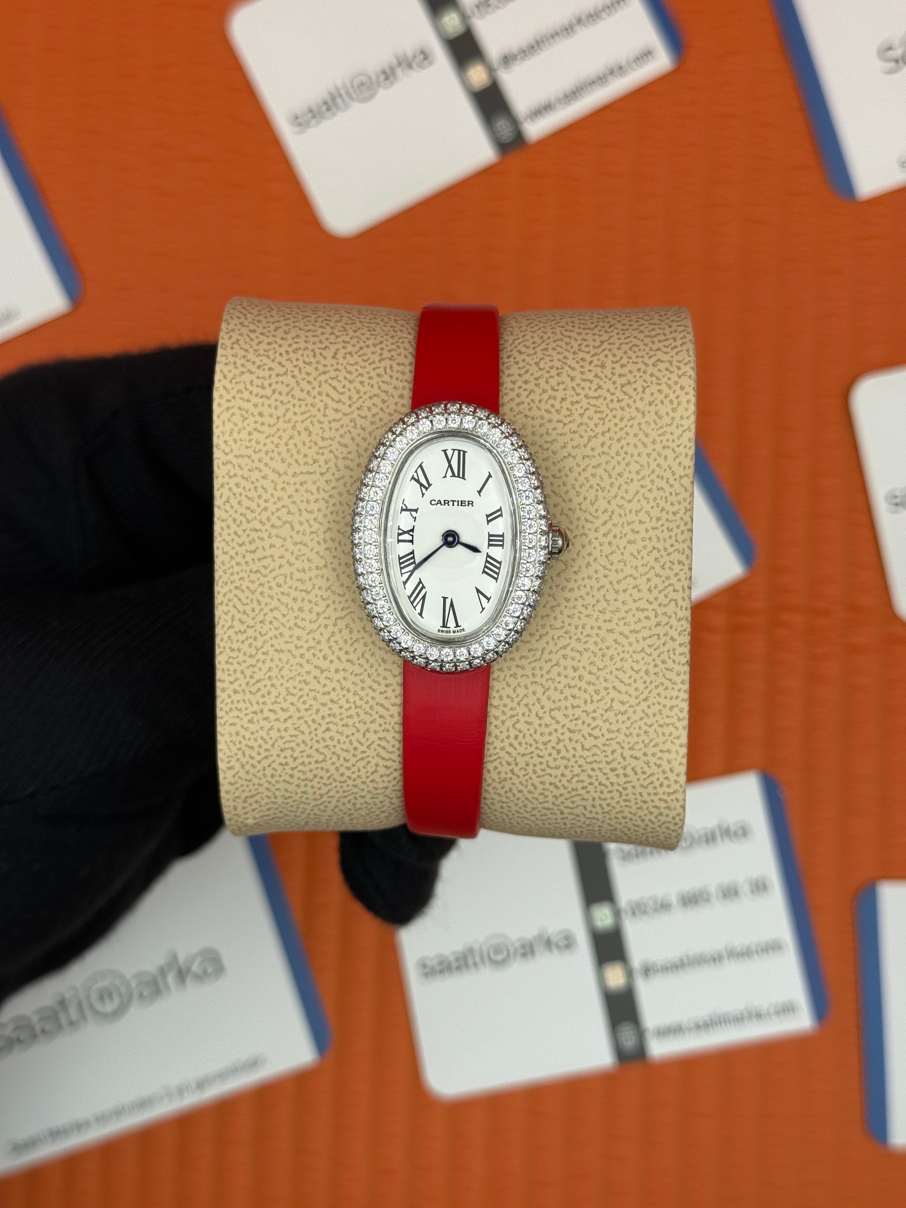CARTIER Baignoire 31mm silver kasa taşlı bezel kırmızı deri kordon