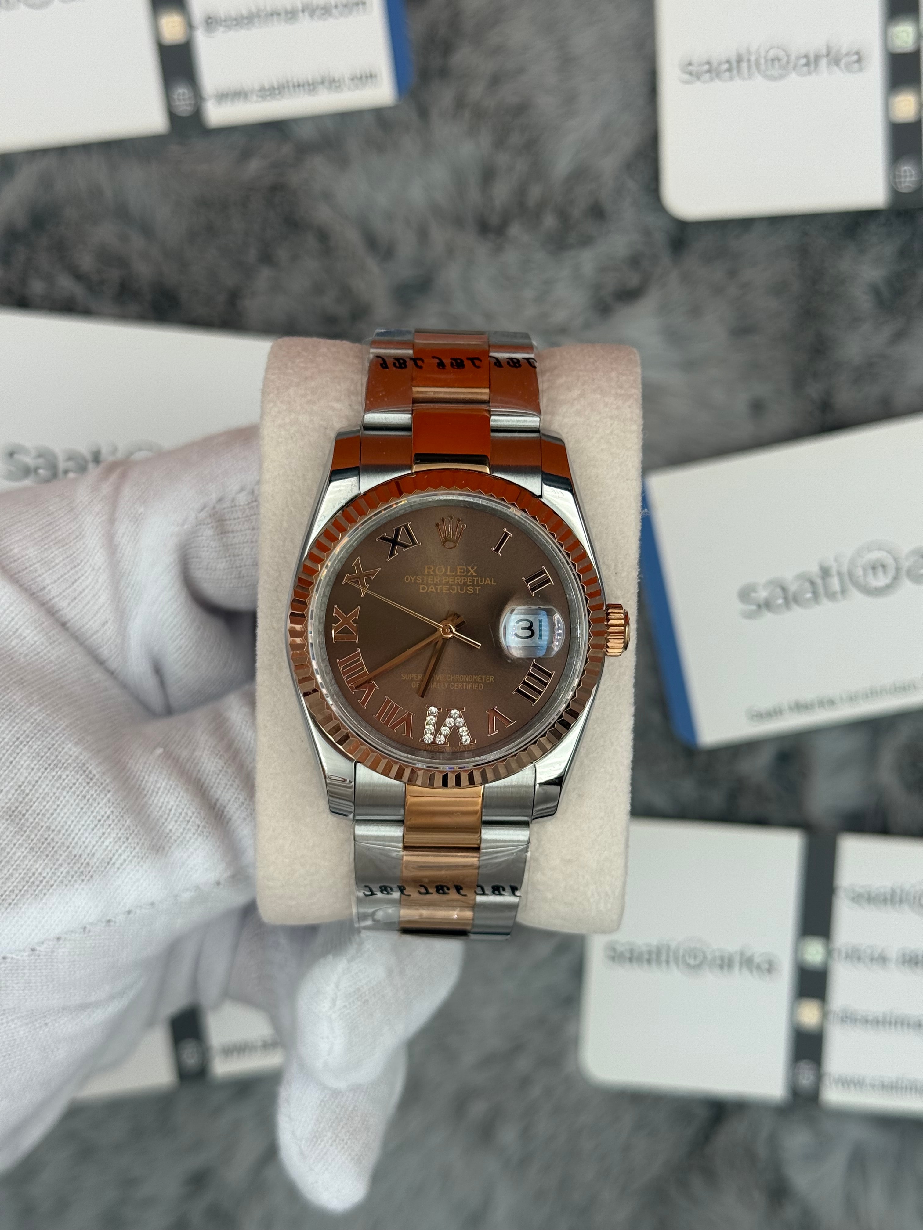 ROLEX datejust 36mm kahverengi kadran silver kasa rose silver oyster kordon 