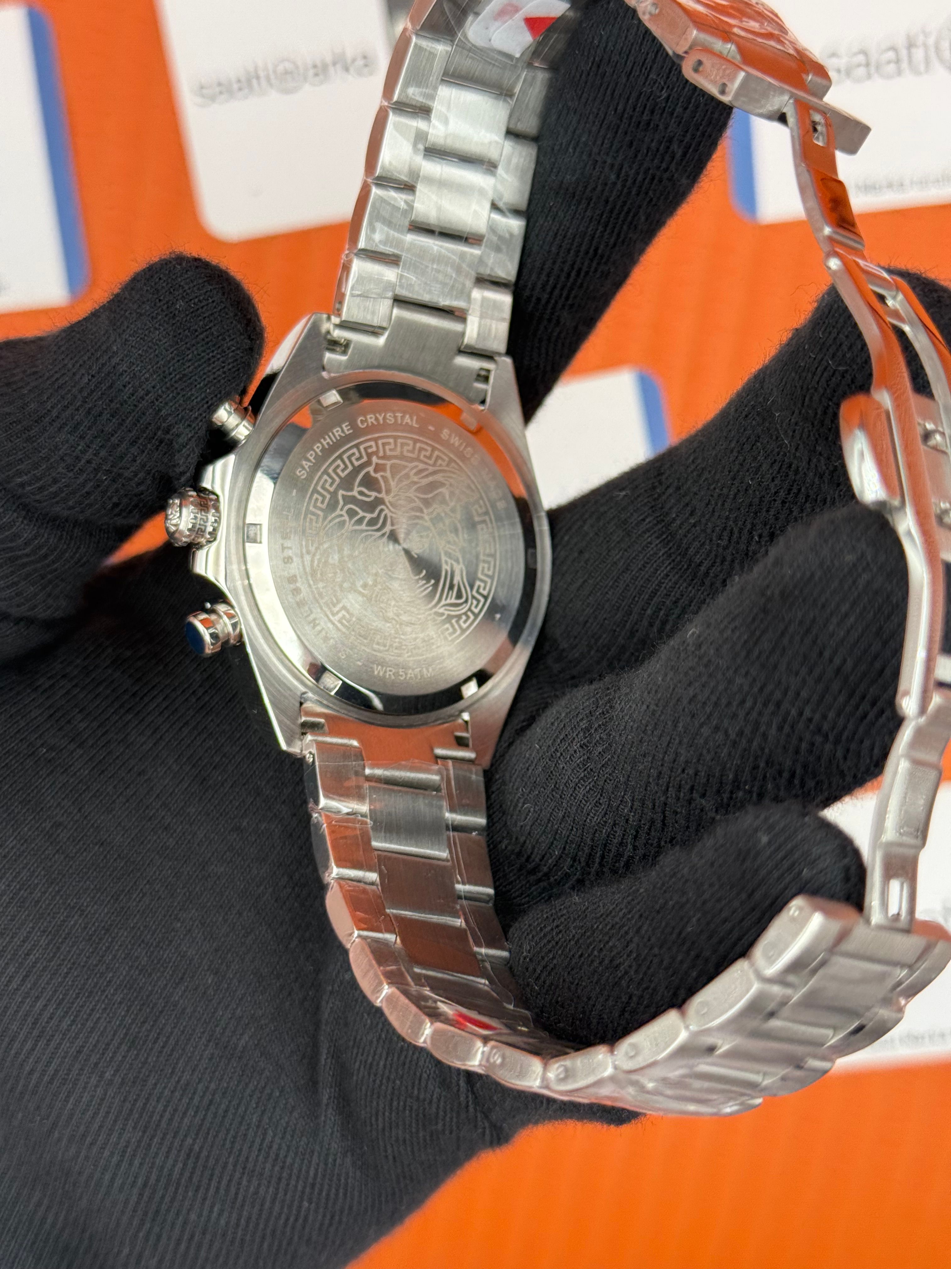 VERSACE mavi kadran silver kasa kordon erkek kol saati