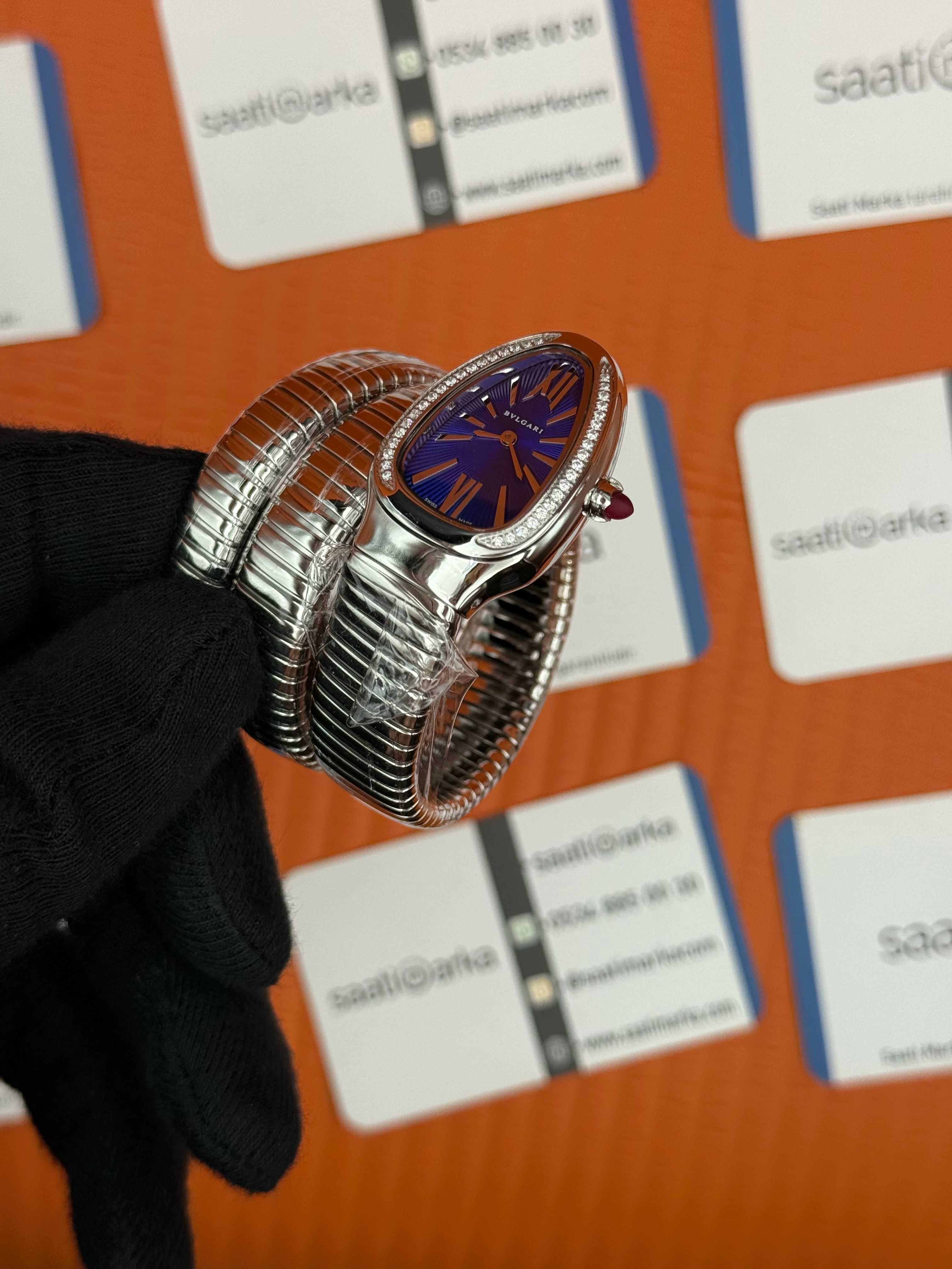 BVLGARİ serpenti çift sarma silver kordon taşlı bezel mavi kadran kadın kol saati