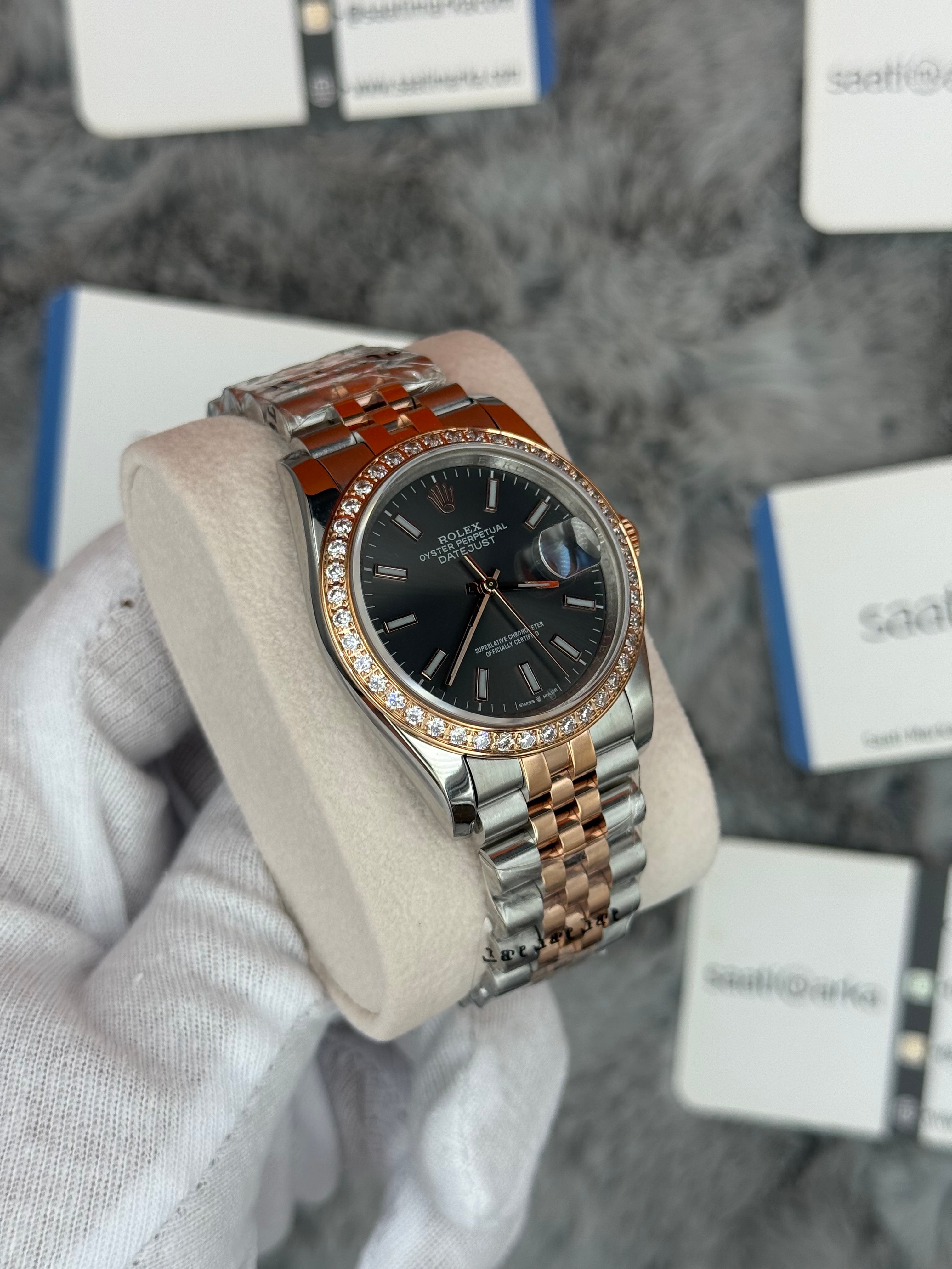 ROLEX datejsut 36 mm gri kadran taşlı bezel silver kasa rose silver jubilee kordon