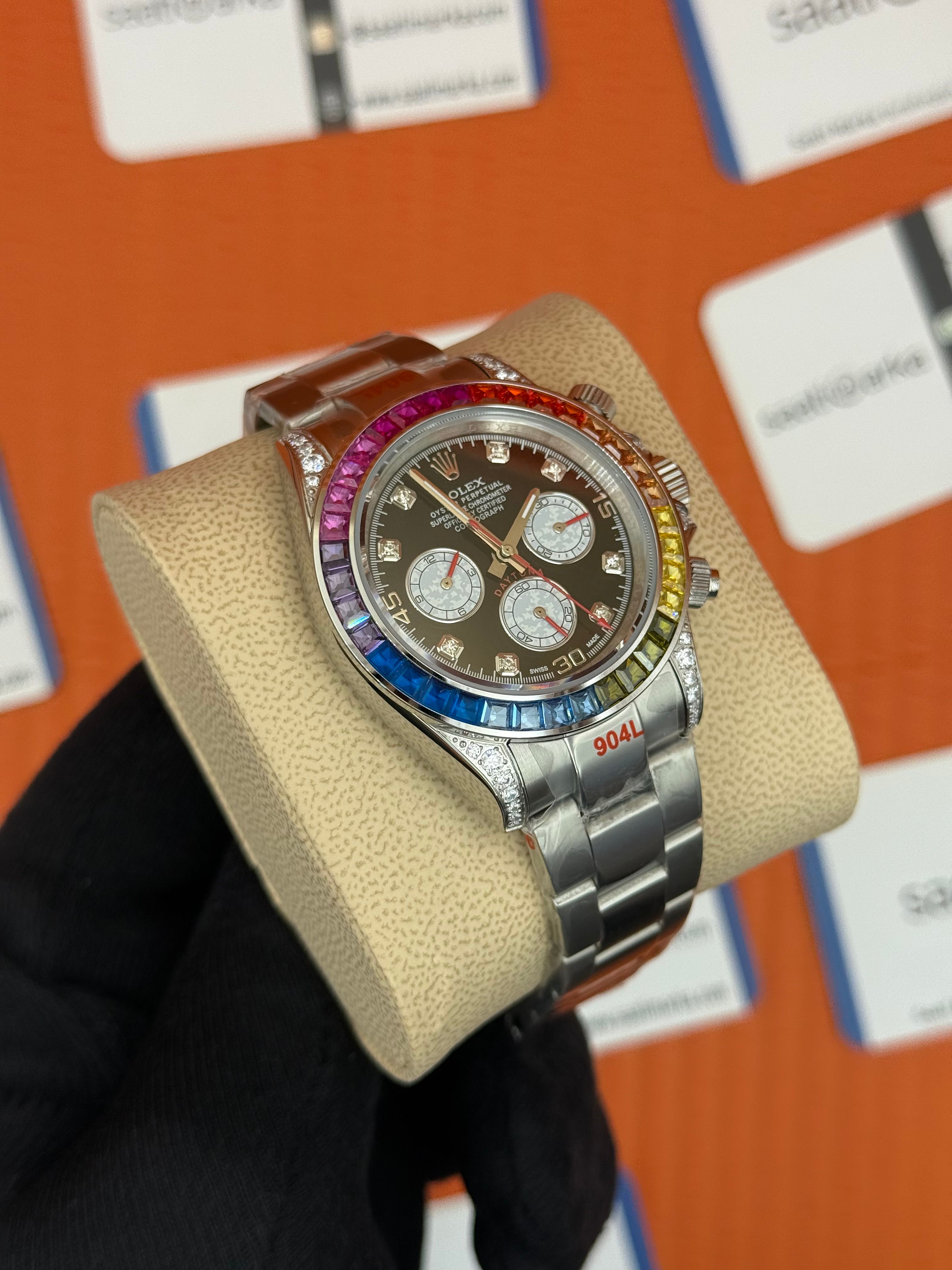 ROLEX Daytona rainbow black dial silver kasa-kordon