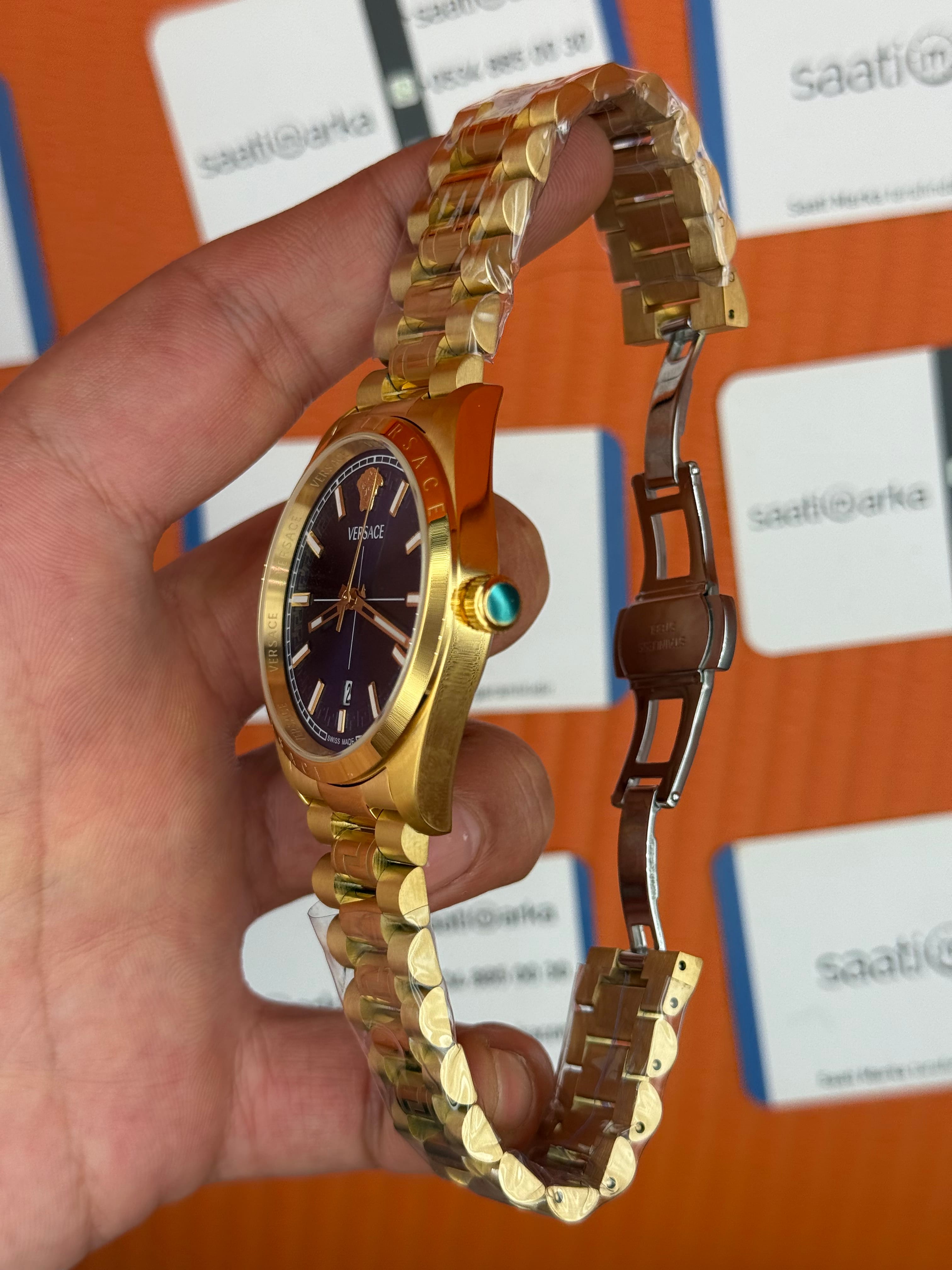 VERSACE 40mm lacivert kadran gold kasa kordon erkek kol saati