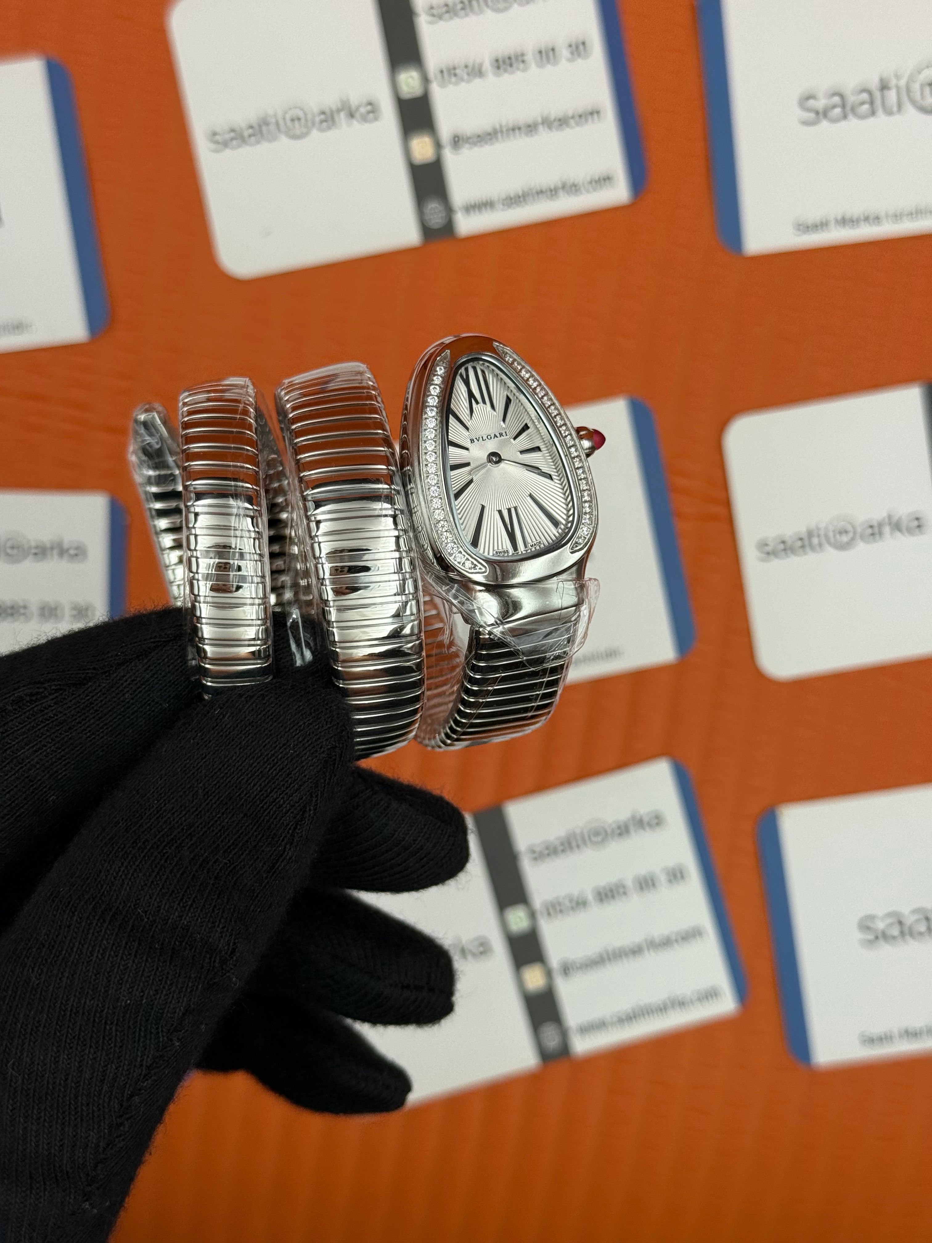 BVLGARİ serpenti çift sarma silver kordon taşlı bezel beyaz kadran kadın kol saati