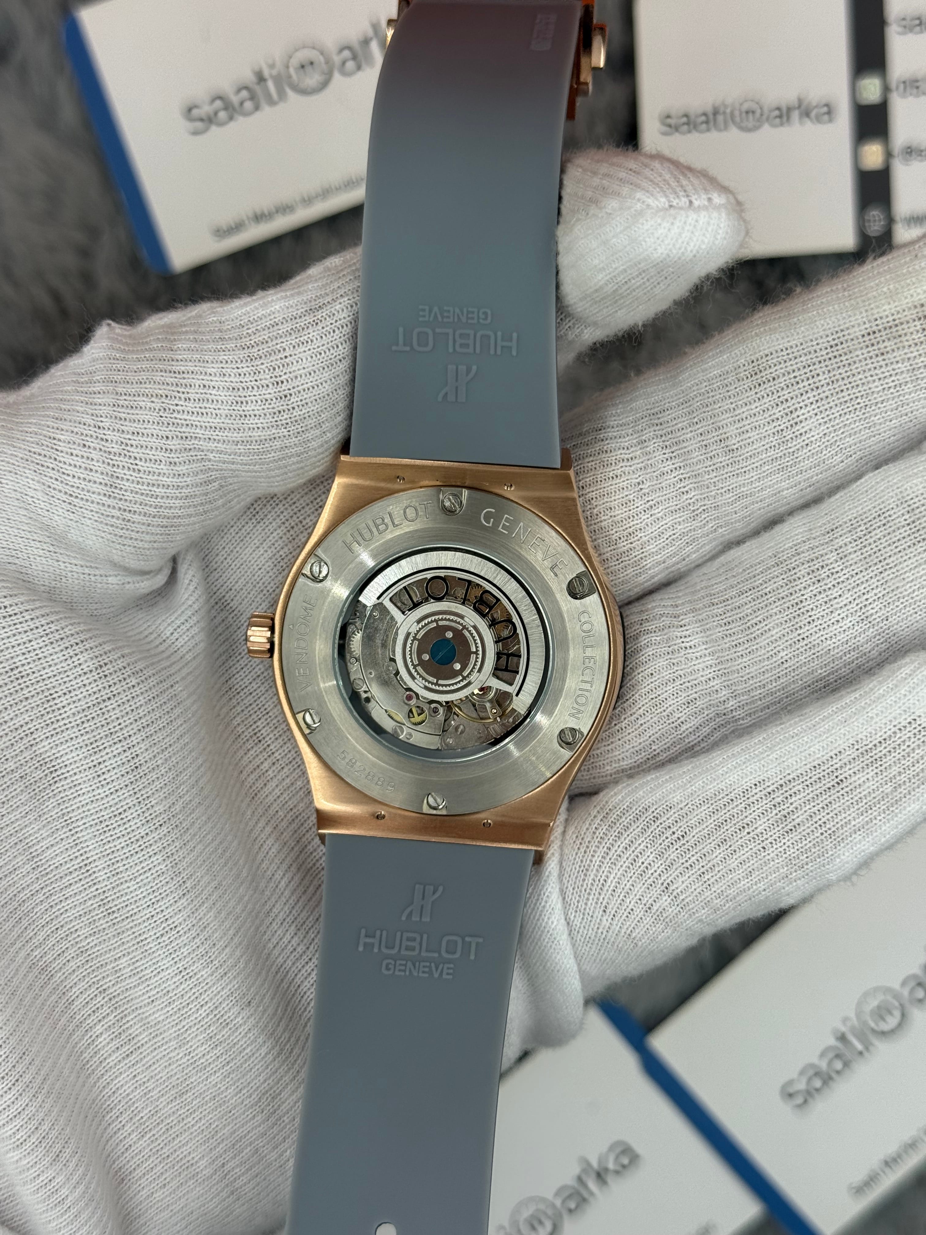 HUBLOT vendome 41mm rose kasa gri kadran gri kauçuk kordon erkek kol saati