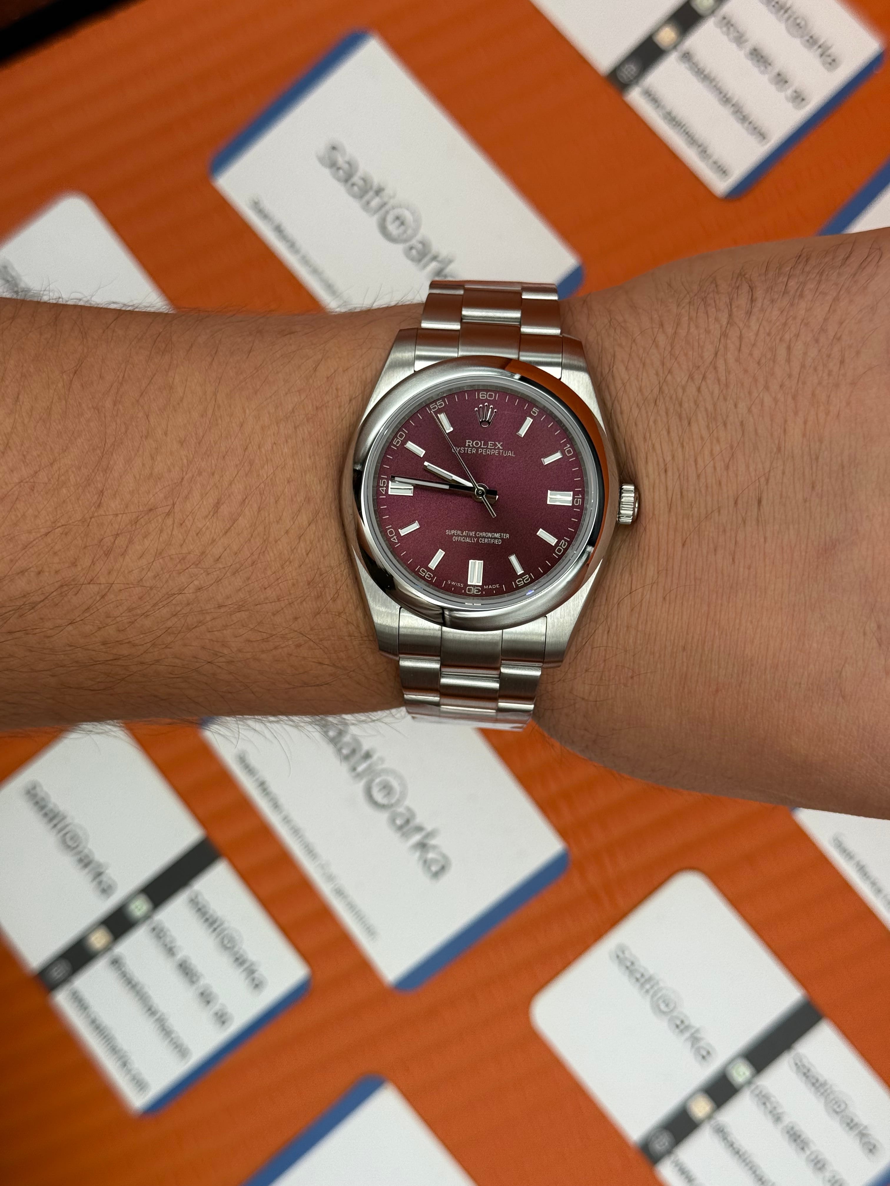 ROLEX oyster perpetual vişne kadran silver kasa kordon erkek kol saati