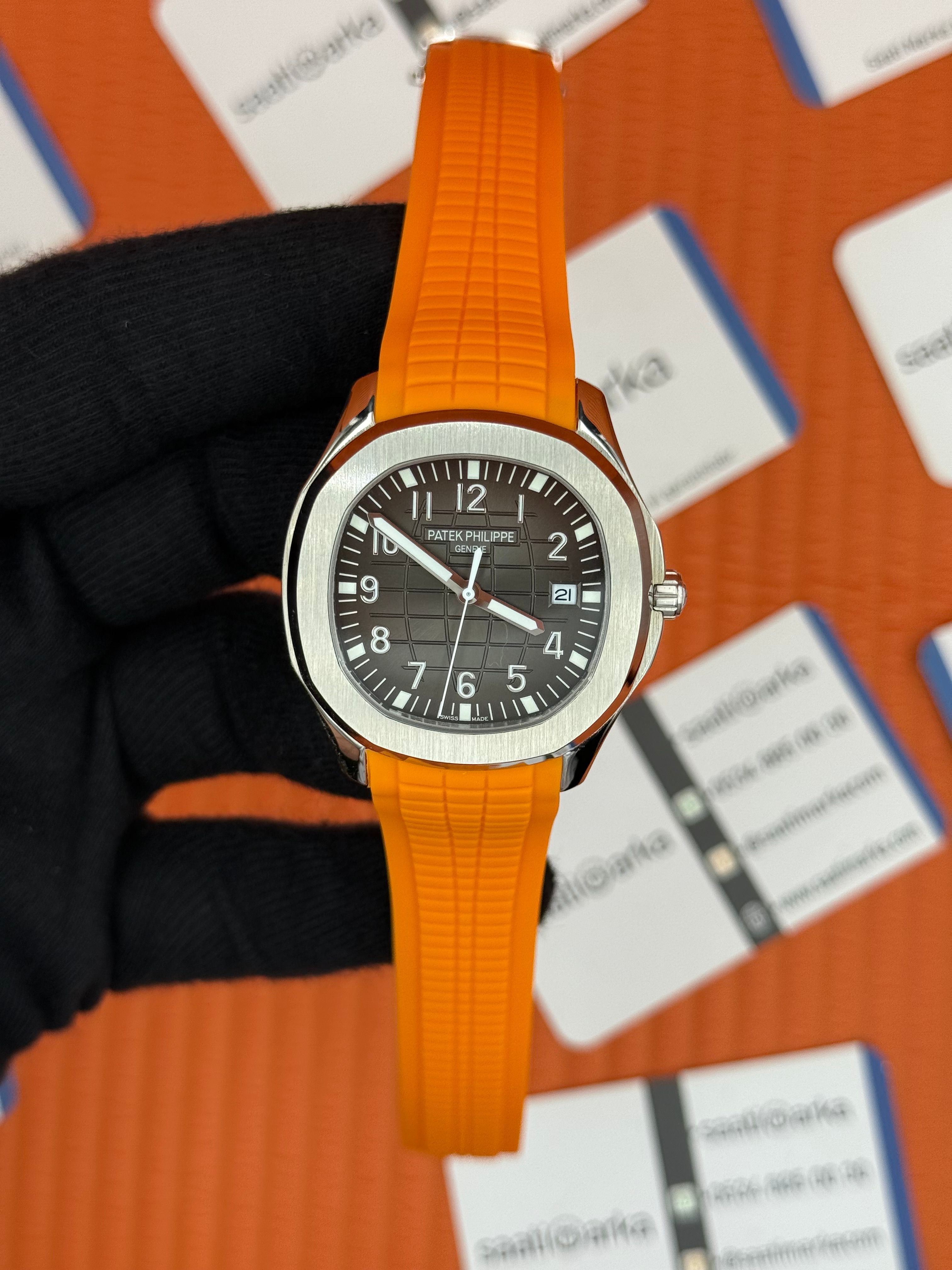 PATEK PHILIPPE AQUANAUT TURUNCU KAUÇUK KORDON GRİ KADRAN SİLVER KASA 