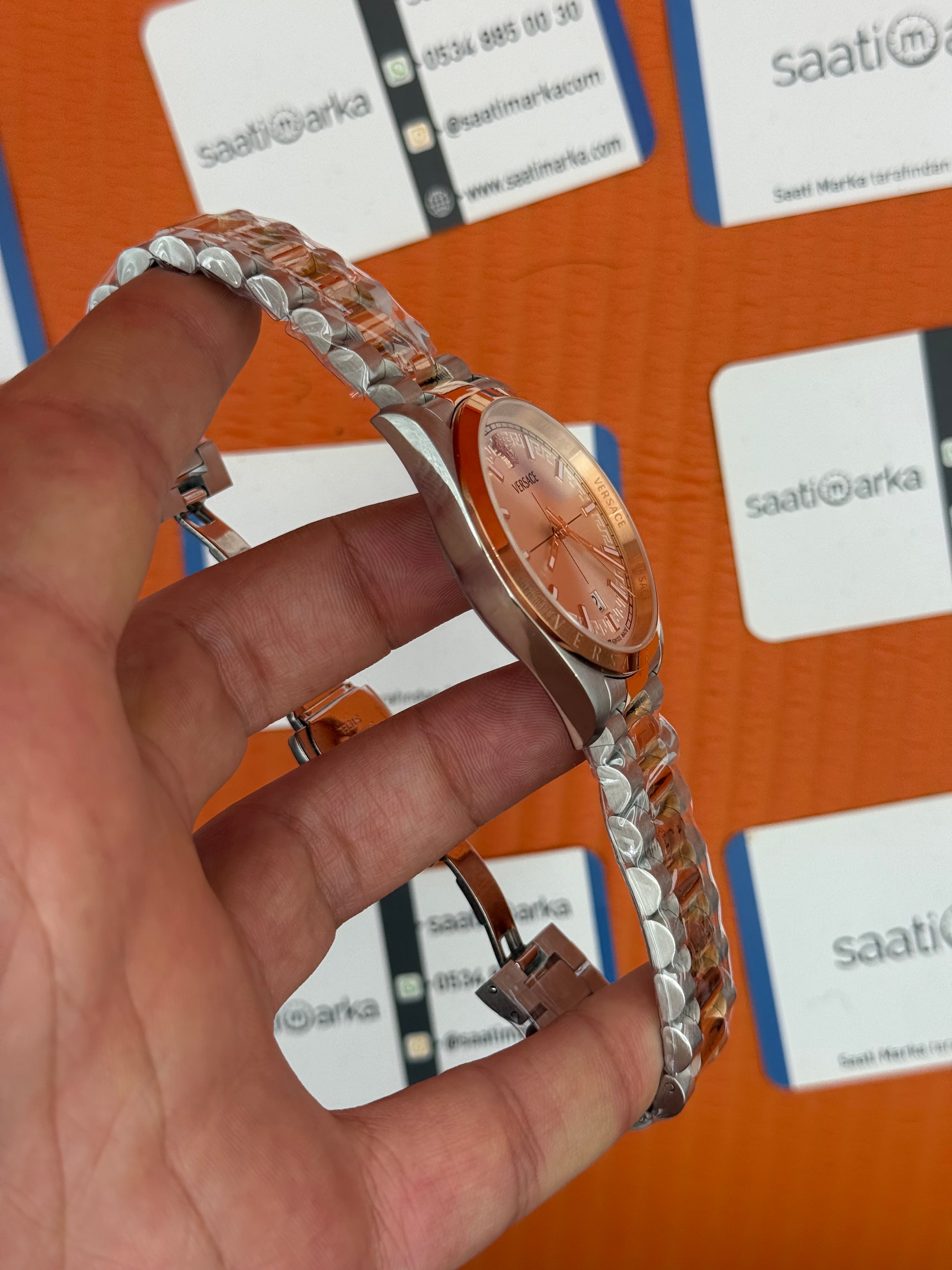 VERSACE 40mm beyaz kadran rose silver kasa kordon erkek kol saati
