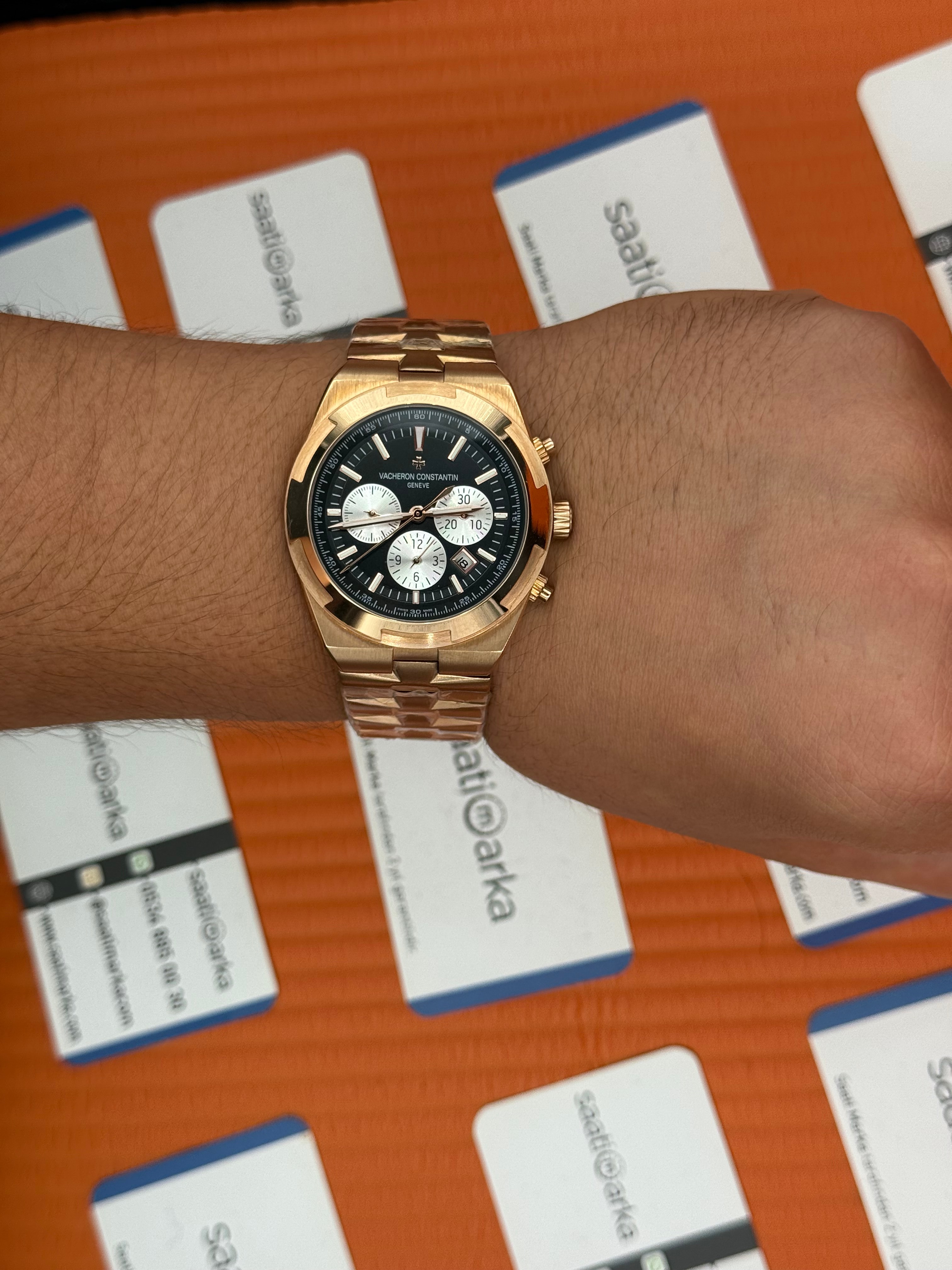 VACHERON CONSTANTIN overseas chronograph siyah kadran rose kasa kordon erkek kol saati