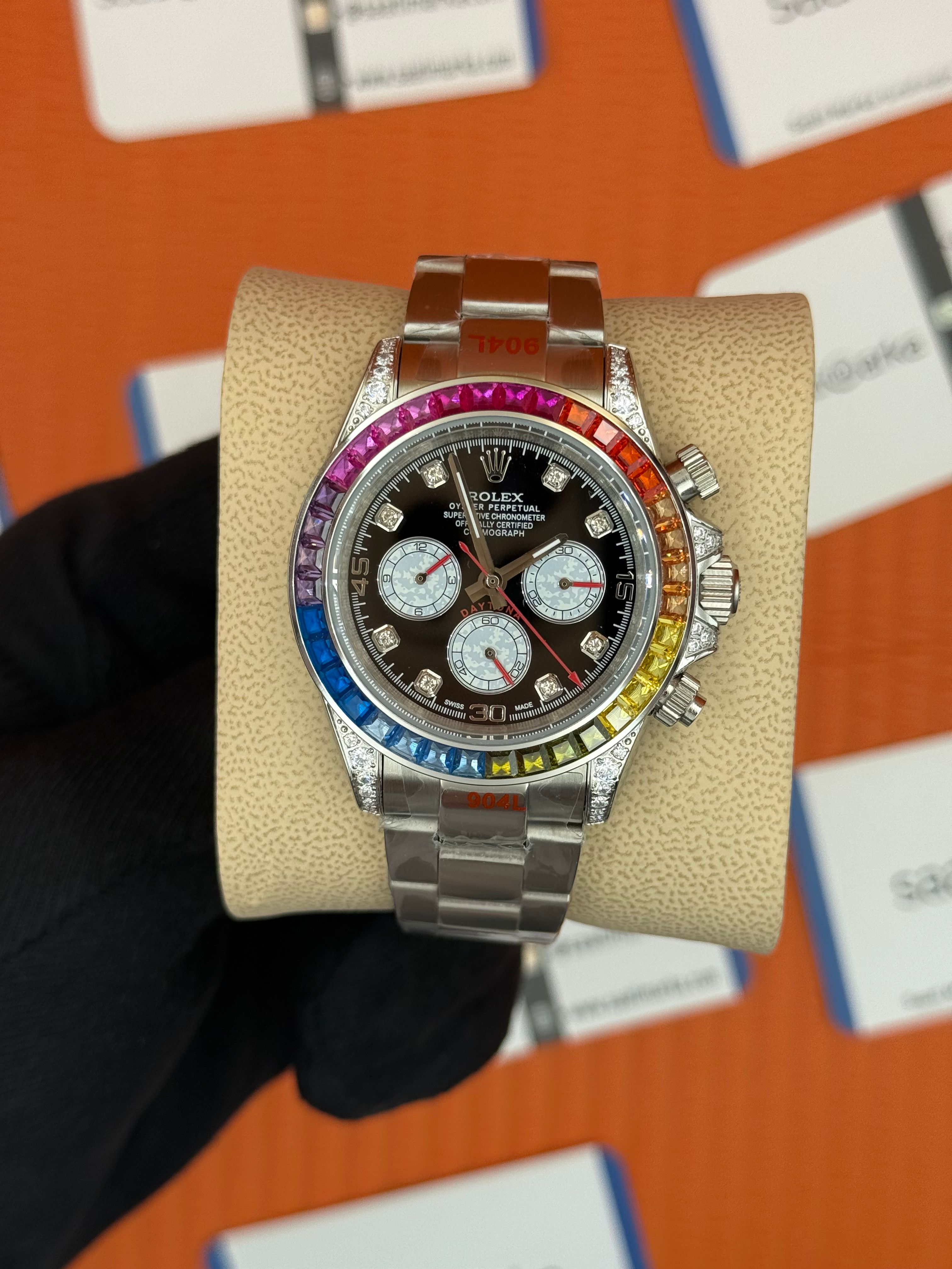 ROLEX Daytona rainbow black dial silver kasa-kordon