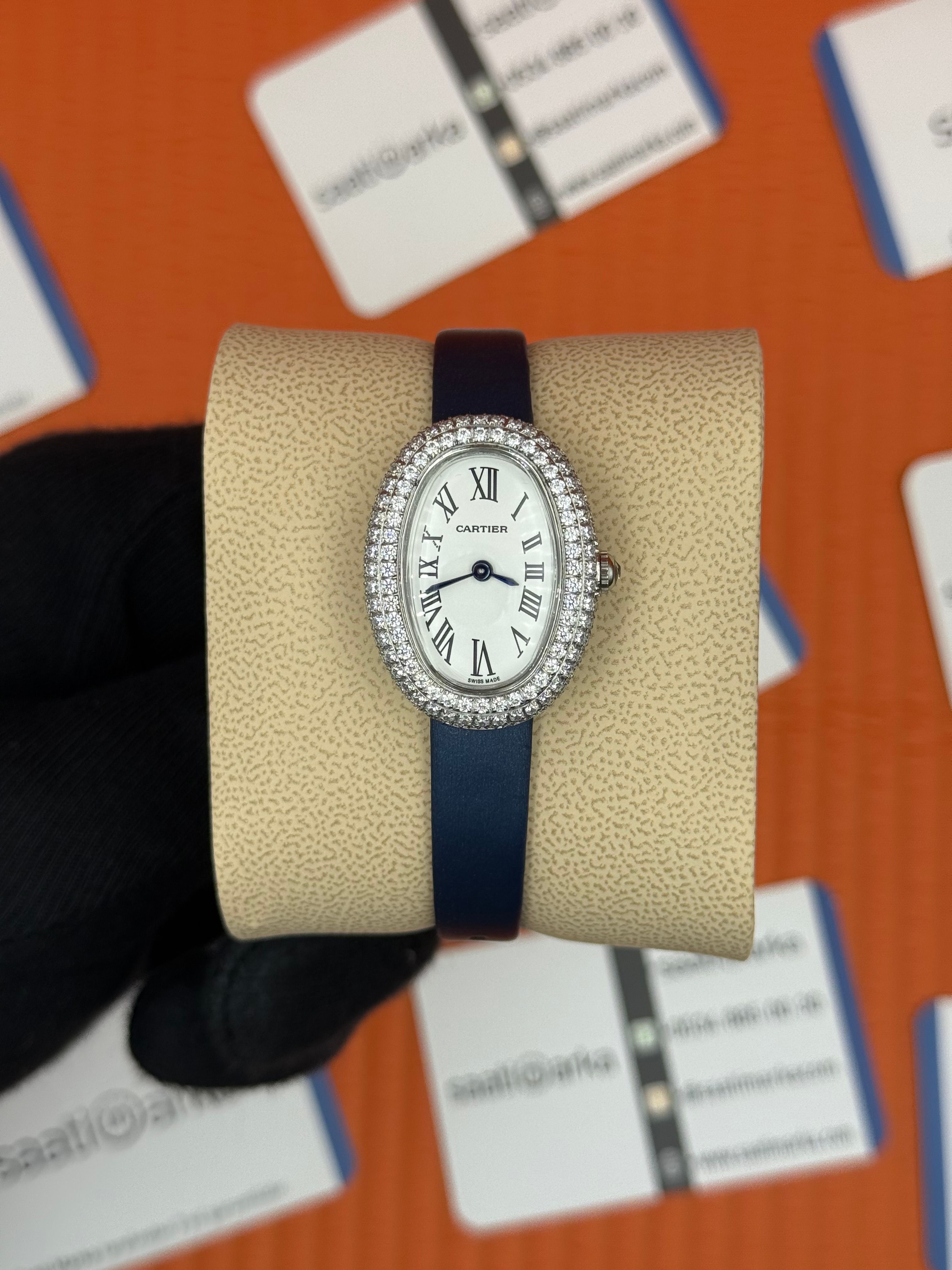 CARTIER Baignoire 31mm taşlı bezel silver kasa lacivert deri kordon