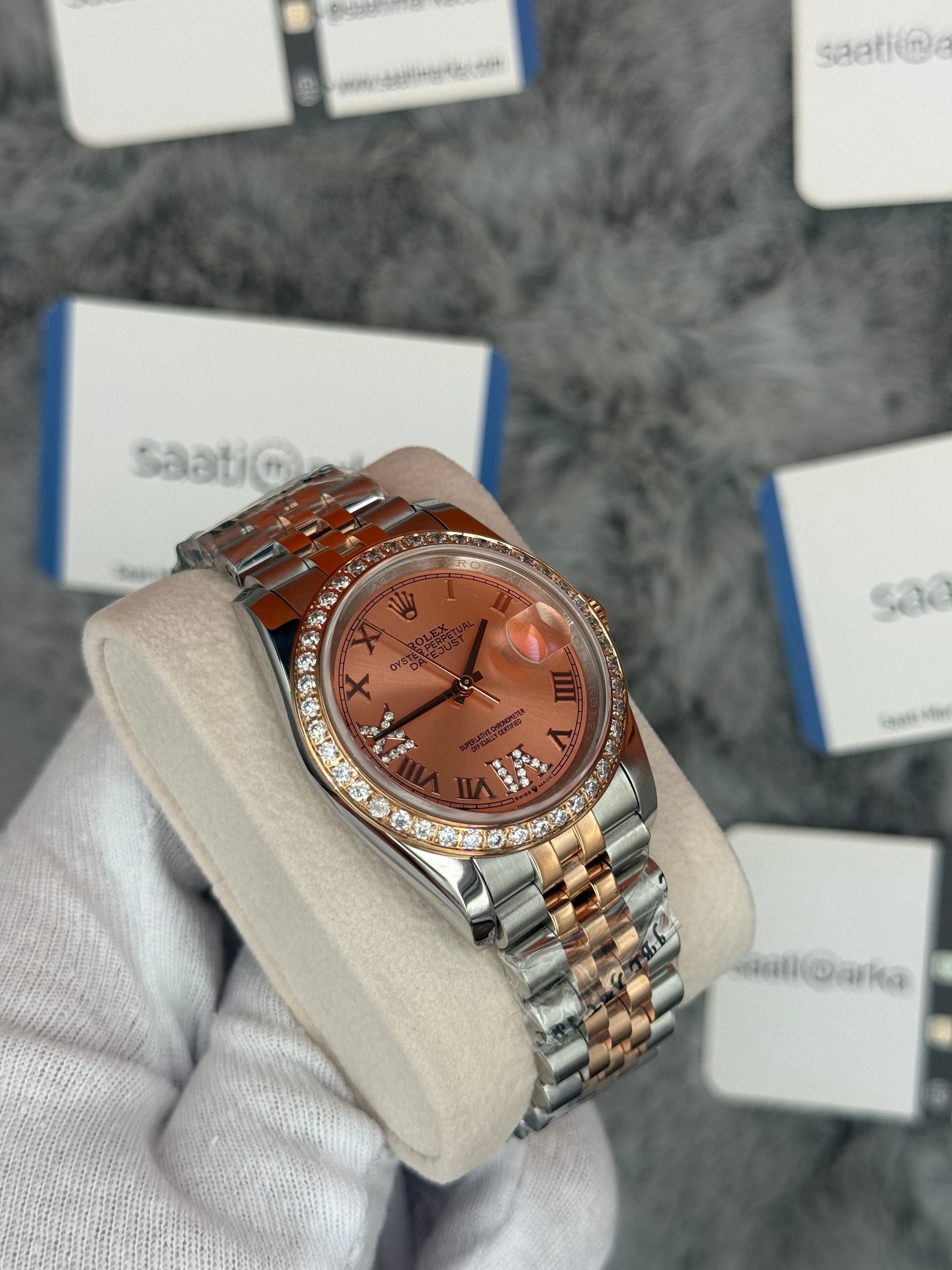 ROLEX Datejust 36mm toz pembe kadran taşlı bezel silver kasa rose silver jubilee kordon